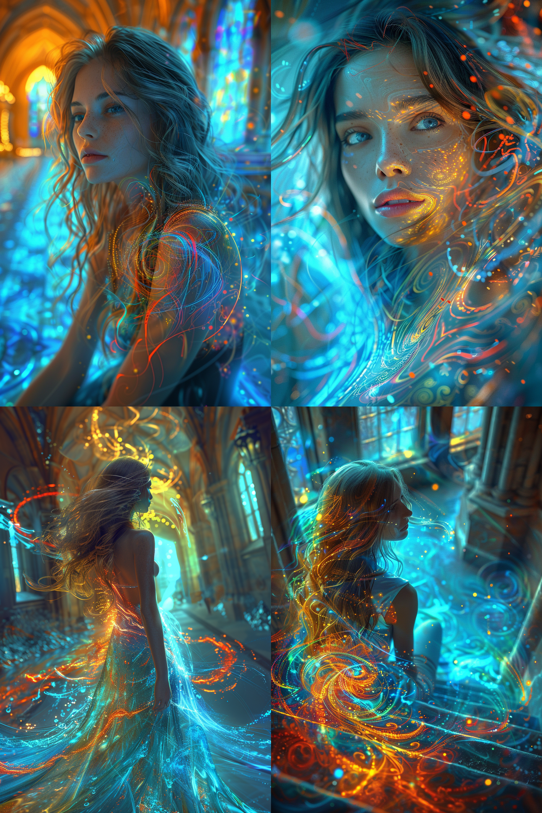 queen kate is lost, immersed in an unknown vortex, in an ancient castle, gothic style, blue tone, telephoto lens, mysterious light and shadow, gazing into the distance, melancholic.