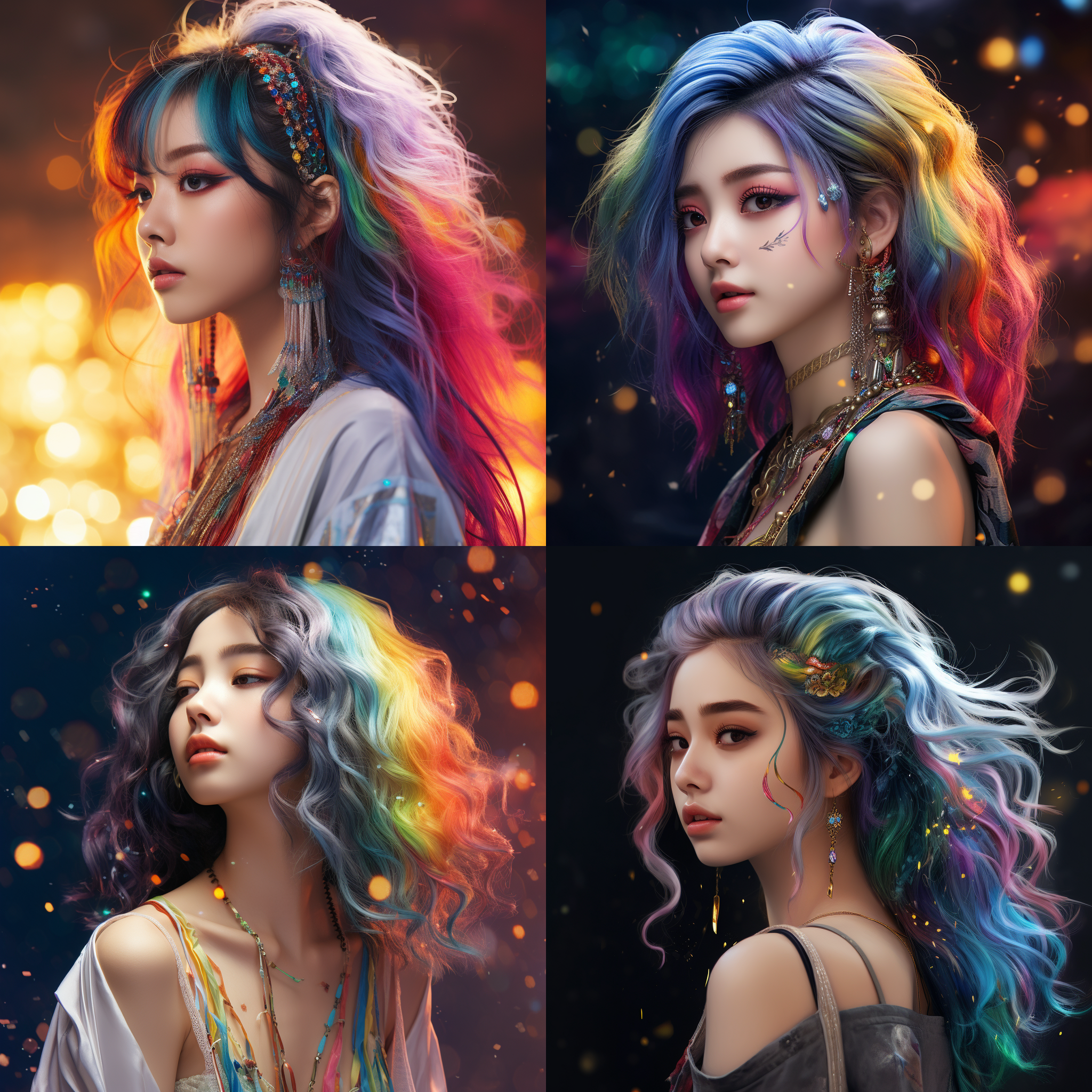 中国美女，写实风格，极致脸蛋，照片级别，星星眼睛，彩虹头发，闪亮首饰，七彩背景，显身材时装，侧面，美丽，高质量，身材比例协调，非常漂亮。