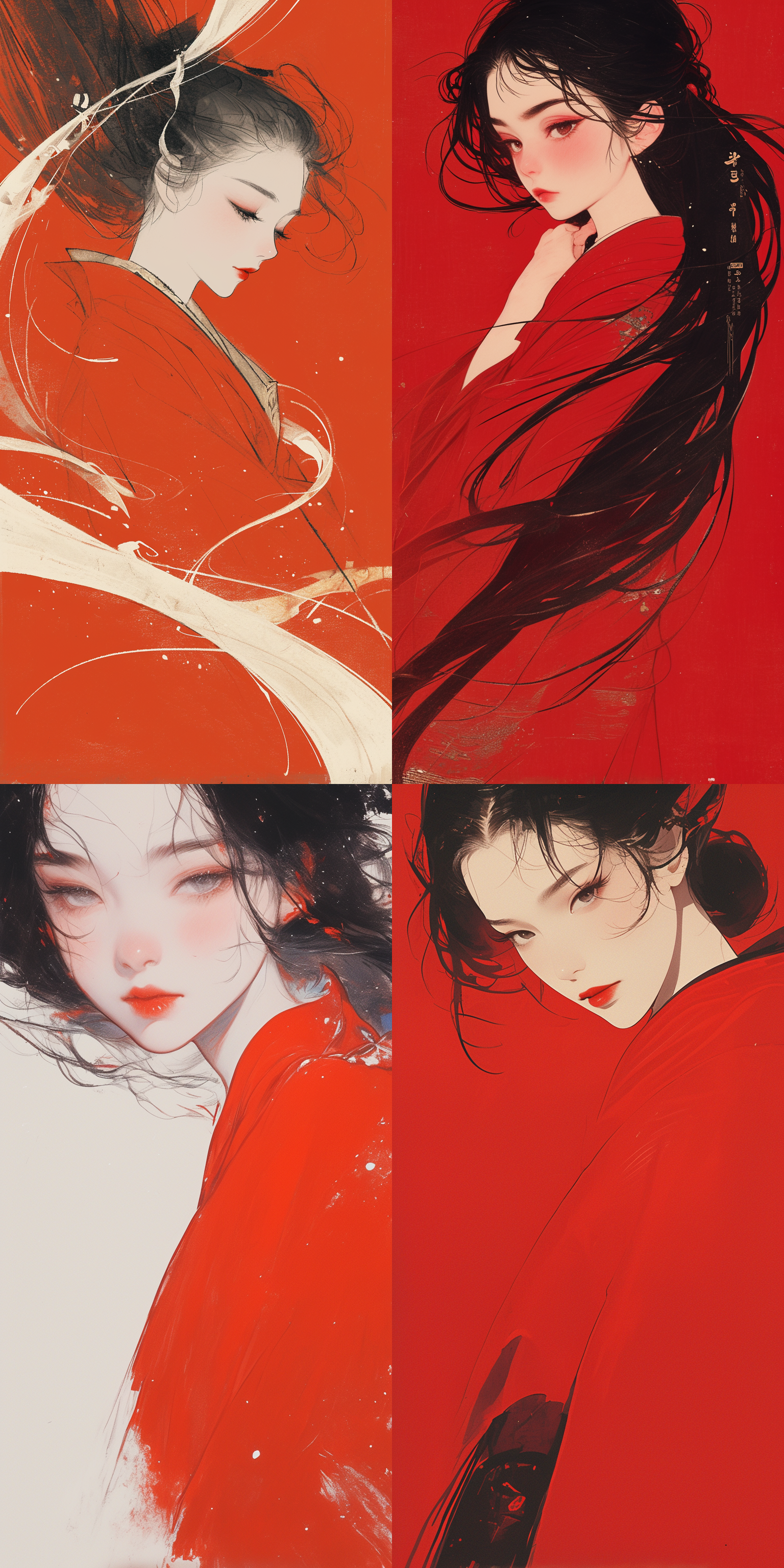 one beauty girl,ancient chinese minimalist painting,disney style,wavy seaside composed of 30 pieces of calligraphy scroll rice paper,pure red background,minimalist paintingbackground,blank composition,facial close-up,looking at viewer,film texture,crazy details,8k,ultra hd