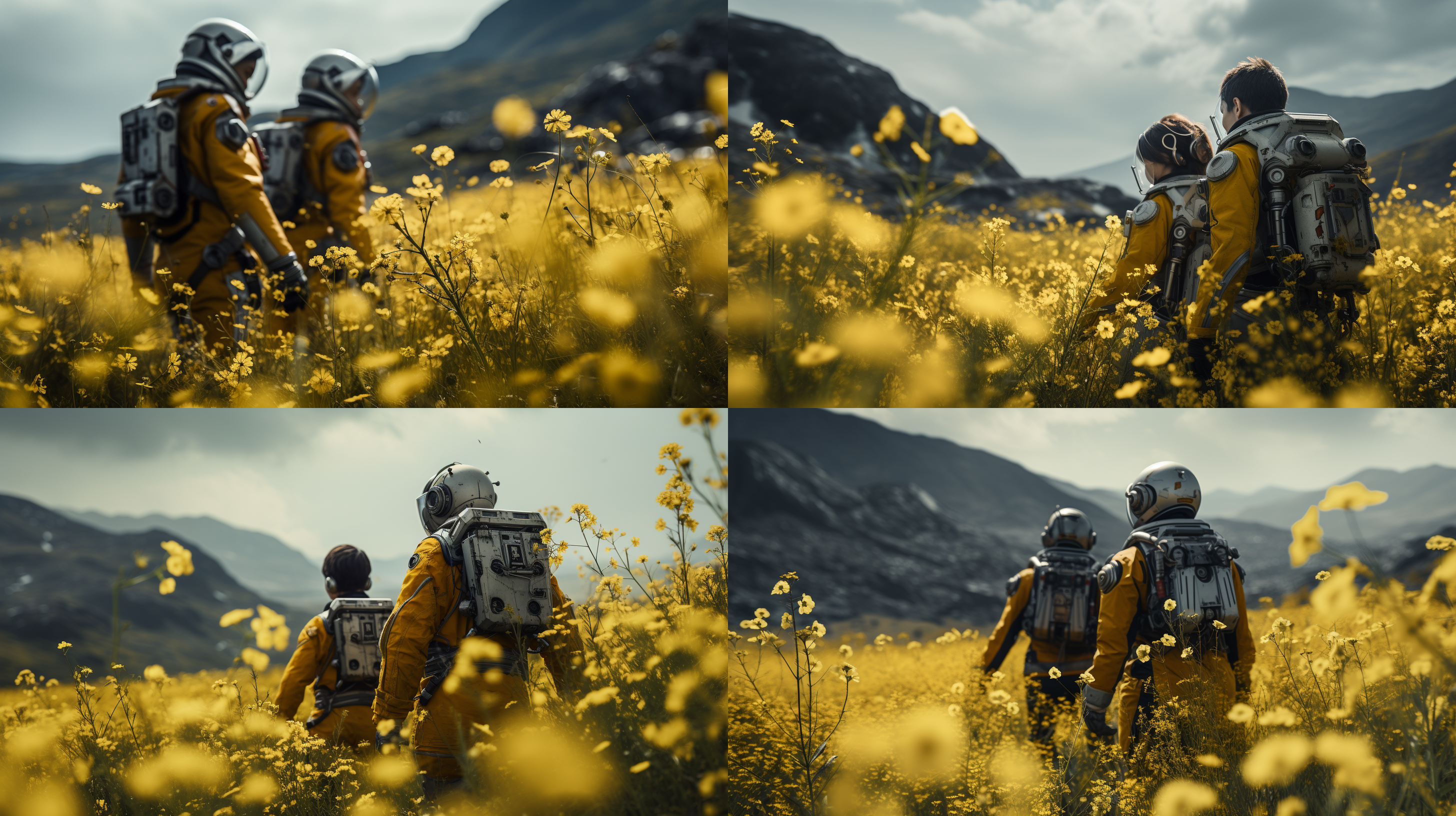 一男一女两名宇航员，在一片油菜花地里奔跑，正面特写，宇航服材质有损坏，金属质感，油菜花逼真，天气阴暗，远景是一艘坠毁的宇宙飞船，还冒着浓浓黑烟，科幻电影质感，全景模式，广角镜头，高清画质，注重人物细节刻画。