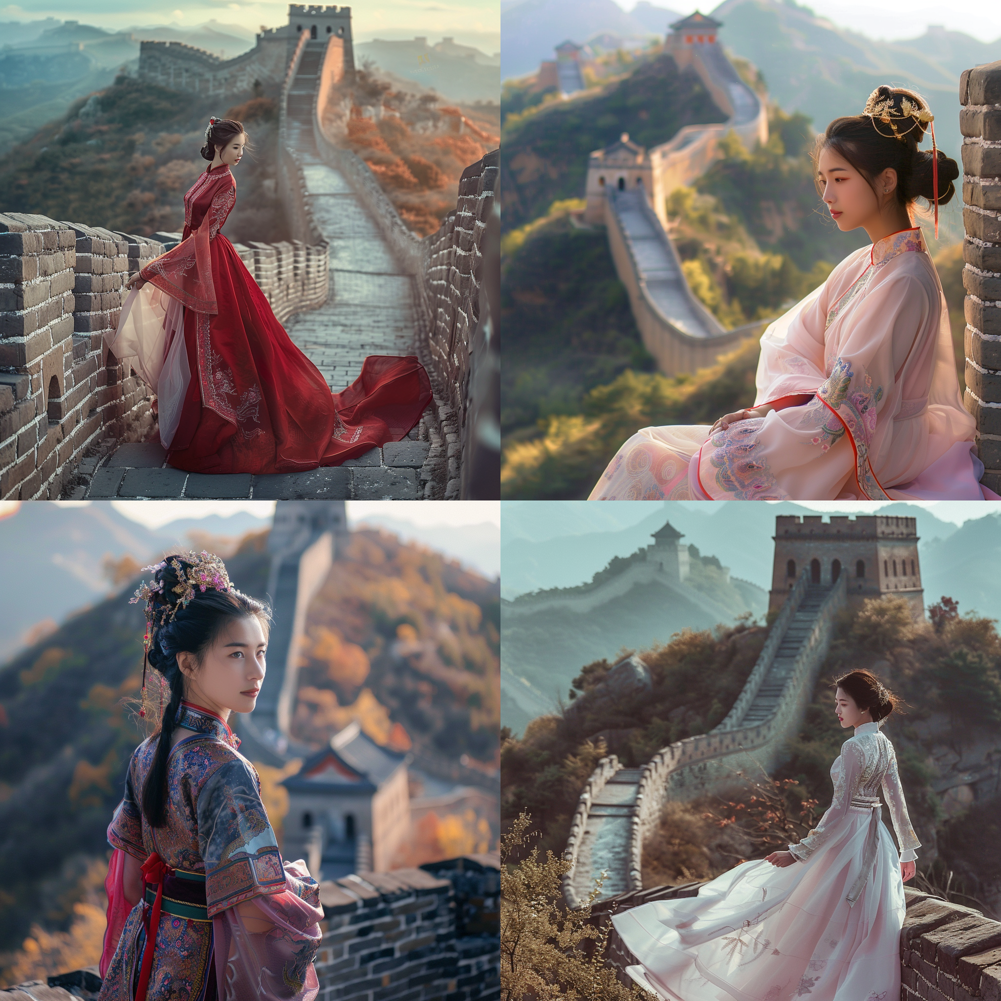 古风美女，八达岭长城，大方自信，雍容华贵，细腻生动，突出壮观景象，自然光下，中景构图，80mm镜头。