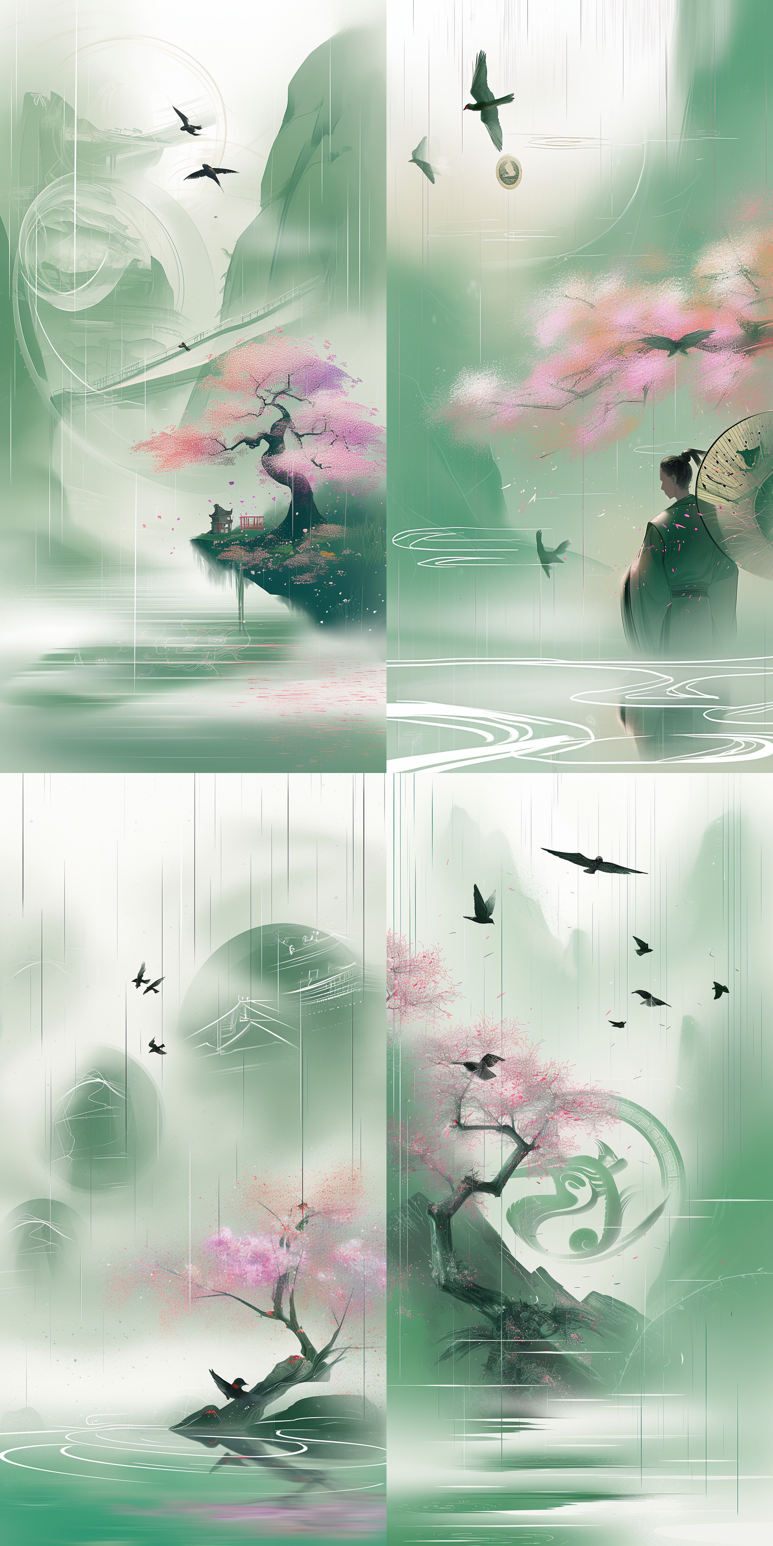 水墨风格，清明，雨后，燕子，柳枝