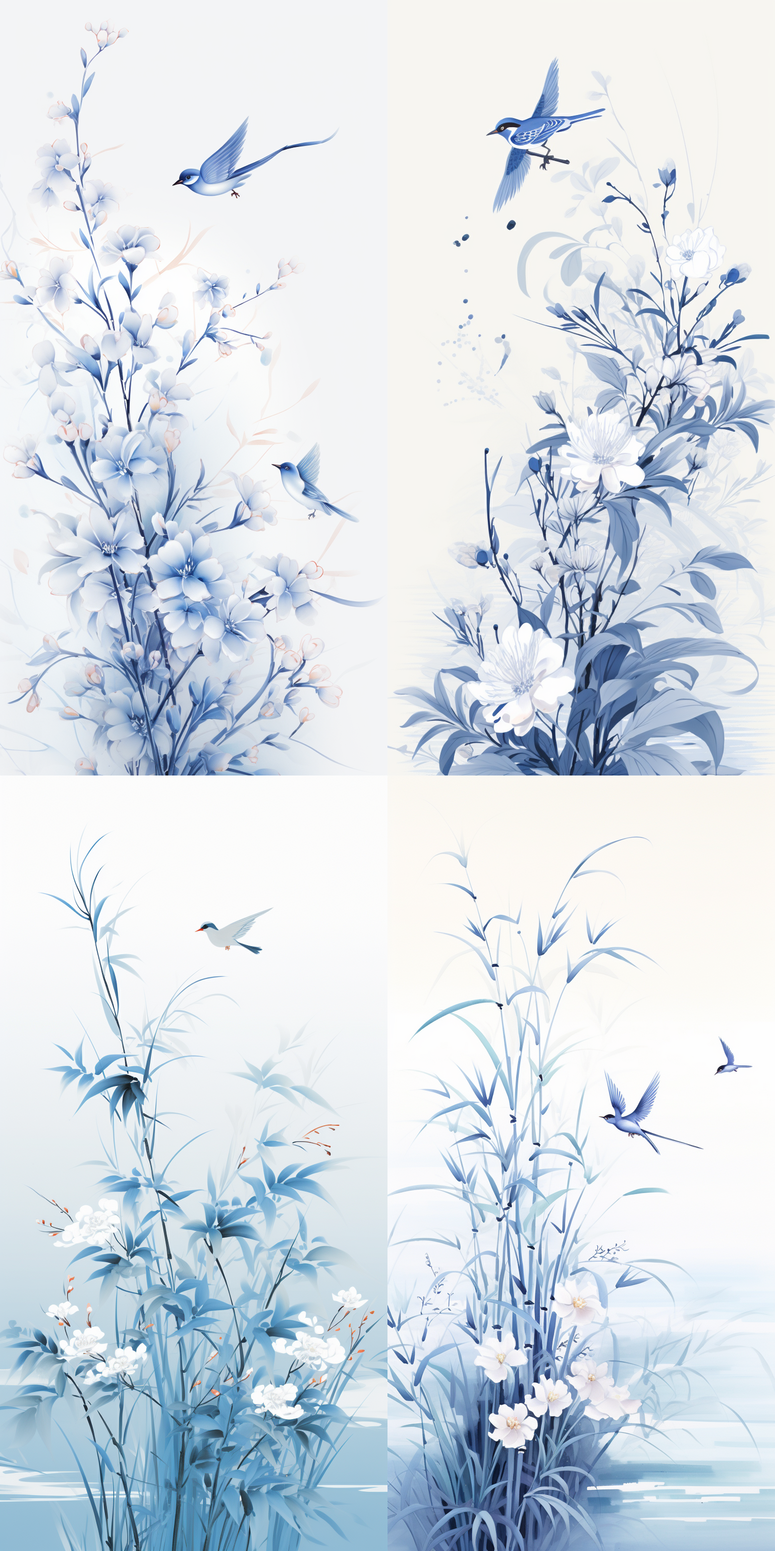 blue and white porcelain style, qingming festival theme, swallows, willow branches. vertical composition, ink painting effect, elegant color scheme, rich details, traditional charm, graceful and elegant, serene and lyrical, expressing the poetic sentiment.