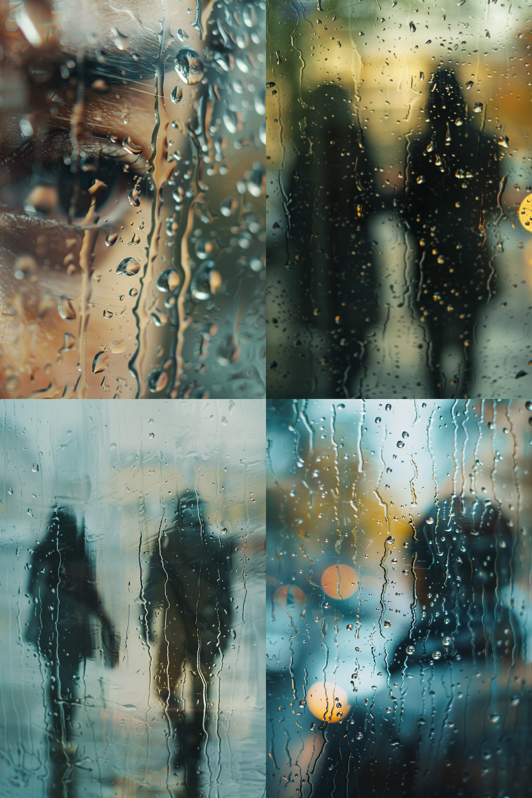 模糊朦胧玻璃上几滴水珠，模糊人影，玻璃上清晰水珠流动，超现实主义，35mm 镜头拍摄，细节清晰