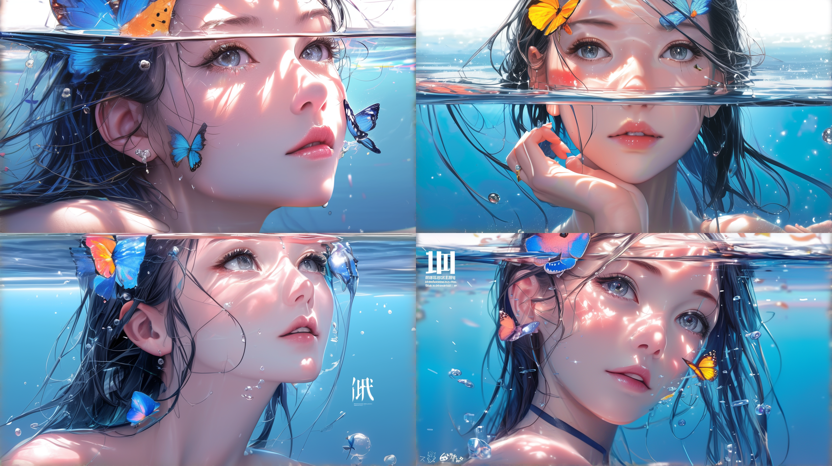 a girl in the water, with big eyes wide open, looked into the distance. she was wearing a butterfly decorated headband, and the water surface was above her shoulders. water shone on her head and shoulders,ultra hd,8k