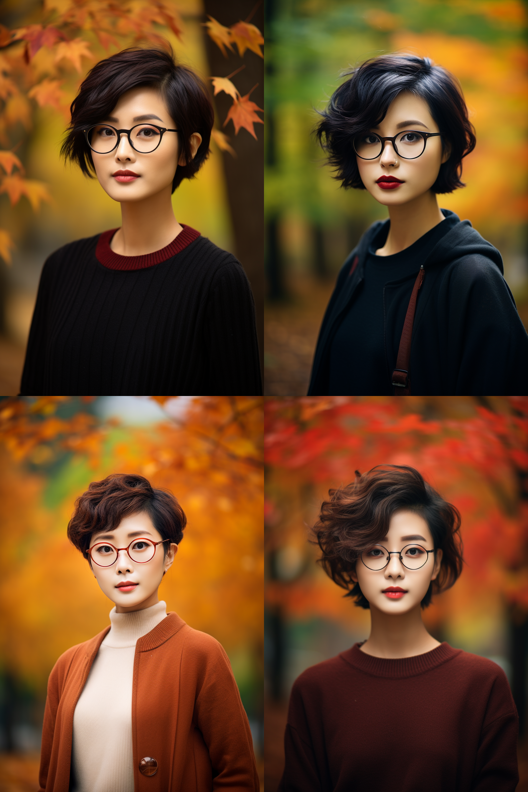 中国美女摄影人像，戴眼镜，短发，可爱，枫林背景