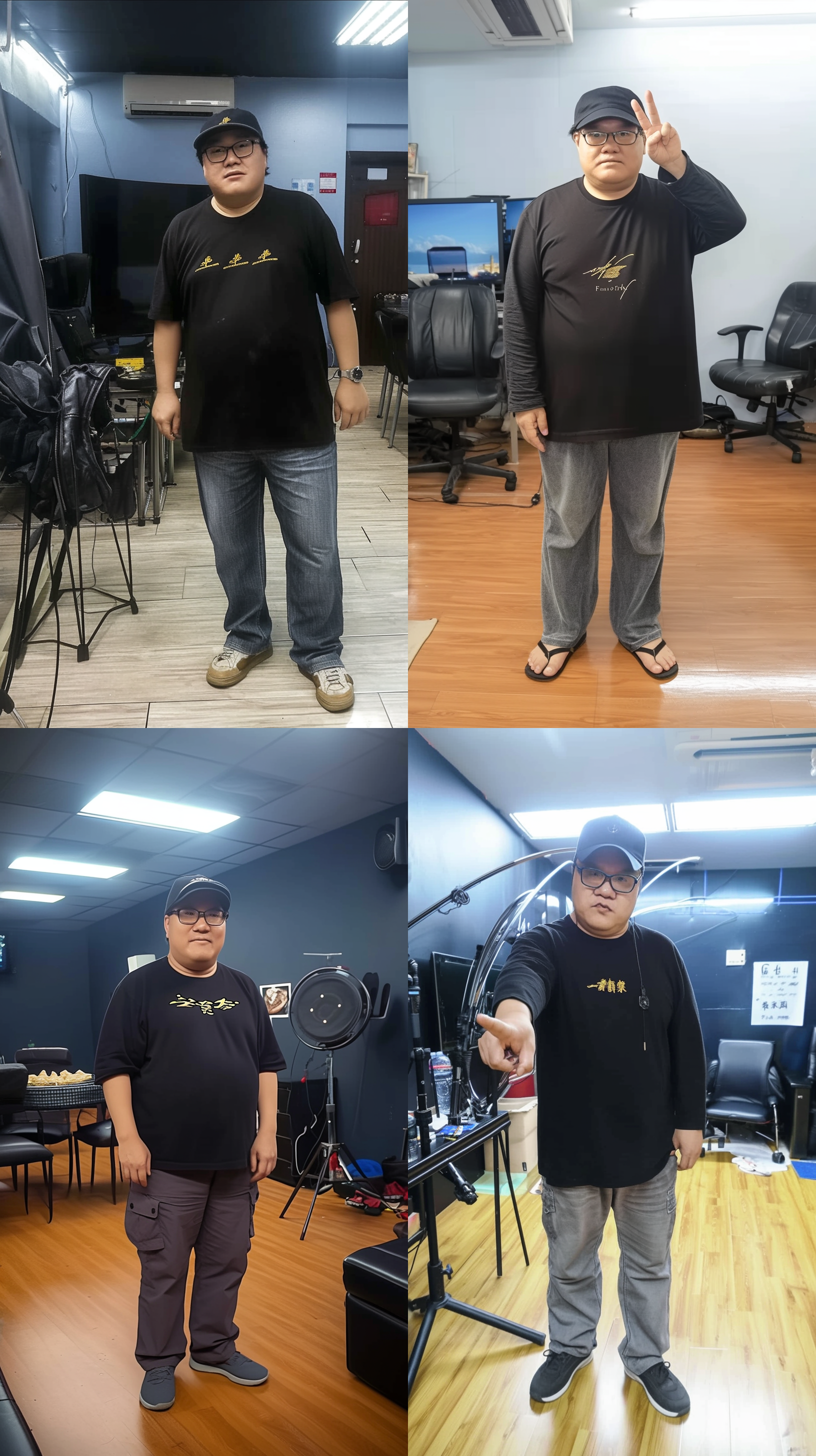 男人卡通化，漫画风格，矮胖胖，黑t恤，城市街道，明亮色彩，中焦镜头，正面光，微笑，欢快。