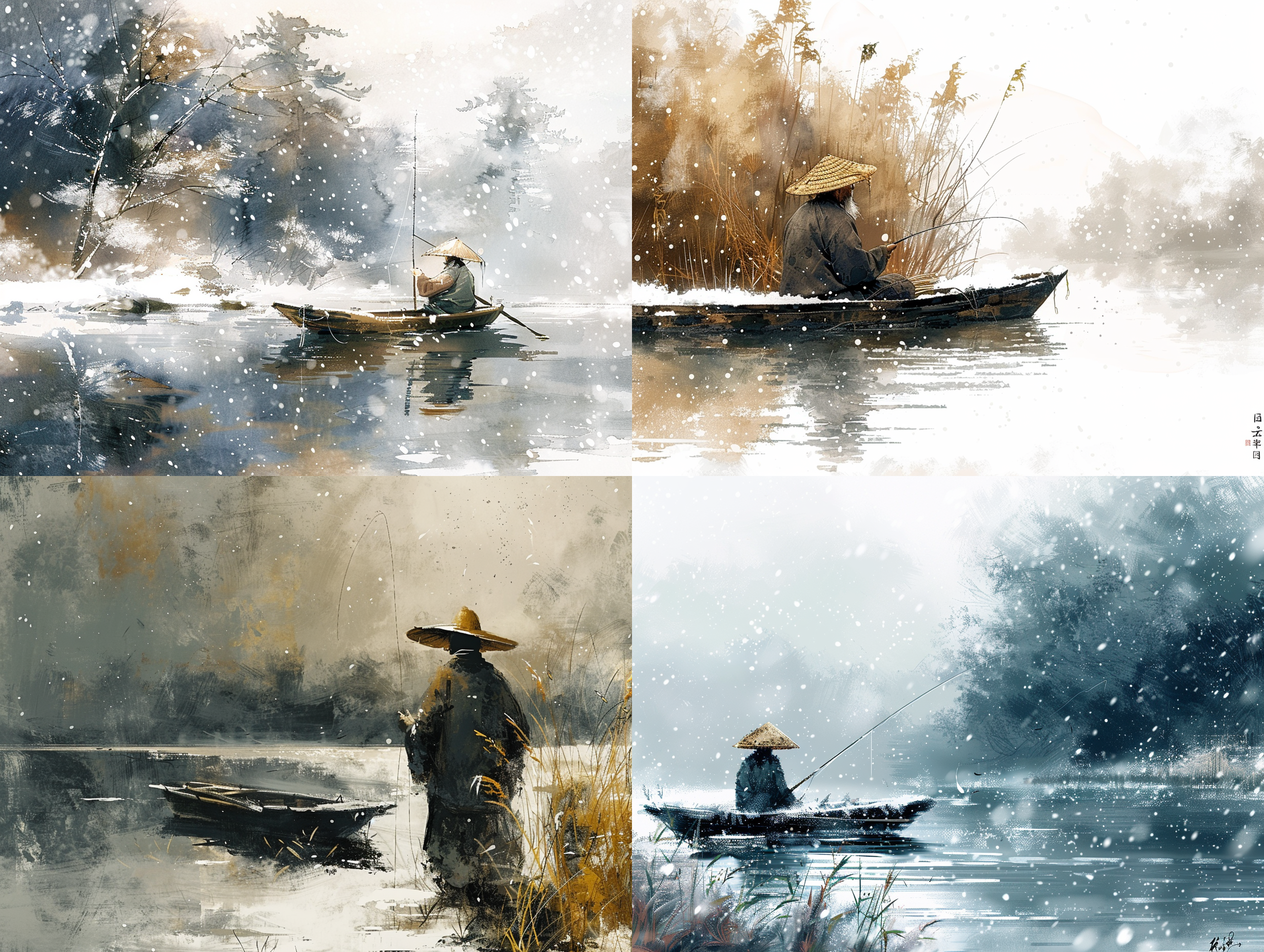 老人孤舟独钓，雪中江岸，蓑笠静立。寒冷色调，静态构图，水墨画风格，清晰细节，宁静孤独，中国画意境，印象派光影，中景，寂静。