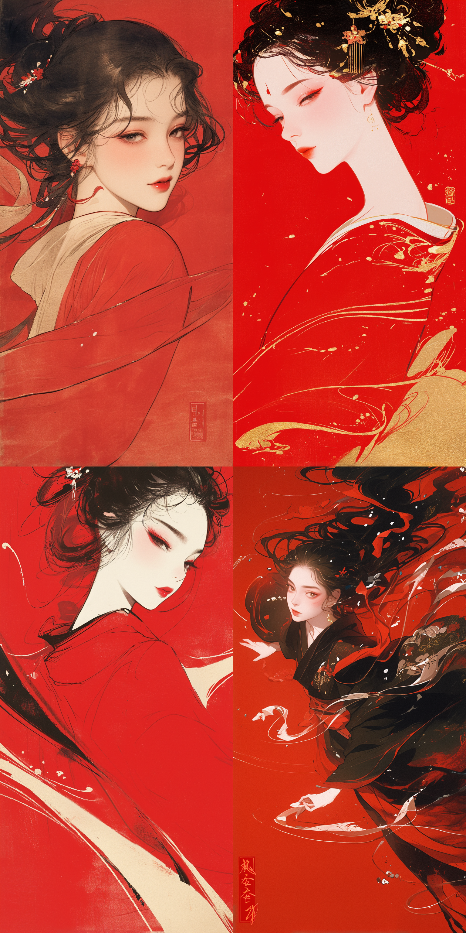 one beauty girl,ancient chinese minimalist painting,disney style,wavy seaside composed of 30 pieces of calligraphy scroll rice paper,pure red background,minimalist paintingbackground,blank composition,facial close-up,looking at viewer,film texture,crazy details,8k,ultra hd