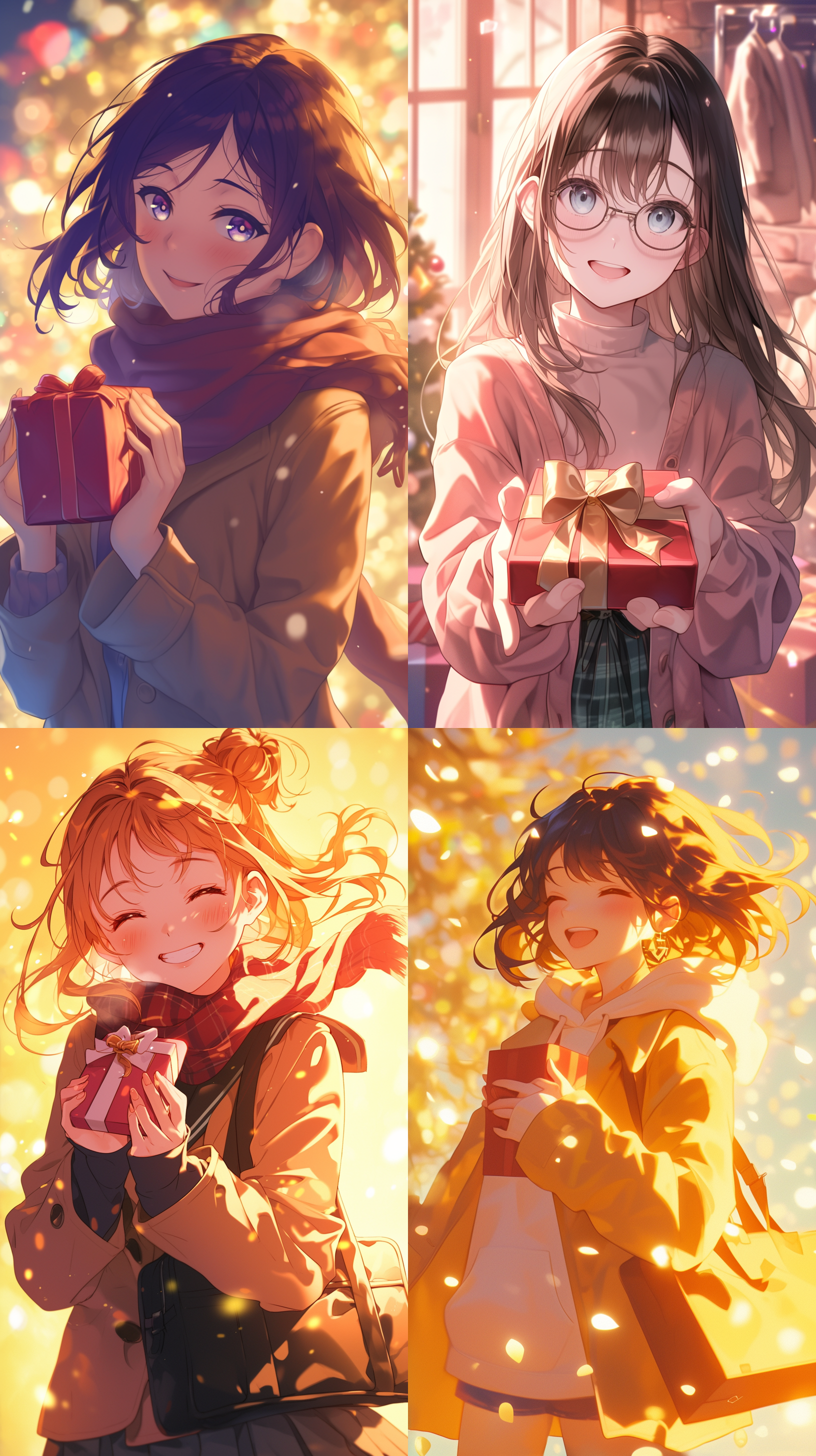 高画质，抽奖系统动漫风格，少女微笑，五彩斑斓背景，软色调，长焦镜头，侧逆光，手持礼物盒，激动喜悦。