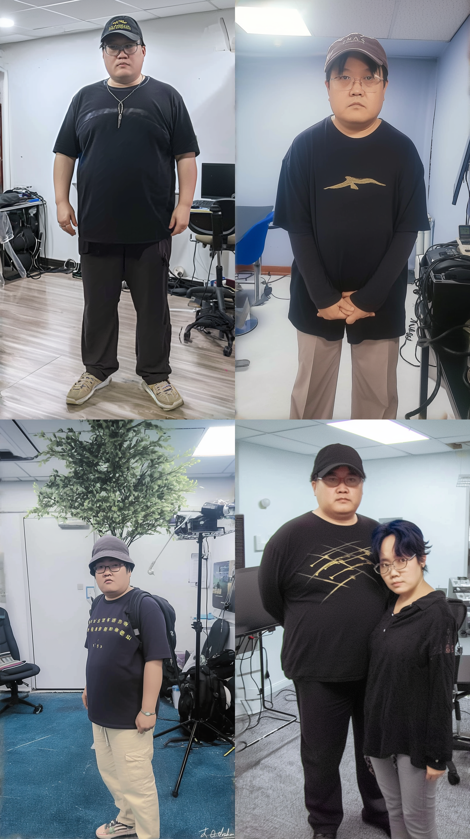 一位宫崎骏风格的矮胖男人，黑色t恤，漫画风格，卡通化，明亮色调，简洁线条，温和表情，梦幻背景，广角镜头，柔光，轻松自在，幸福快乐。