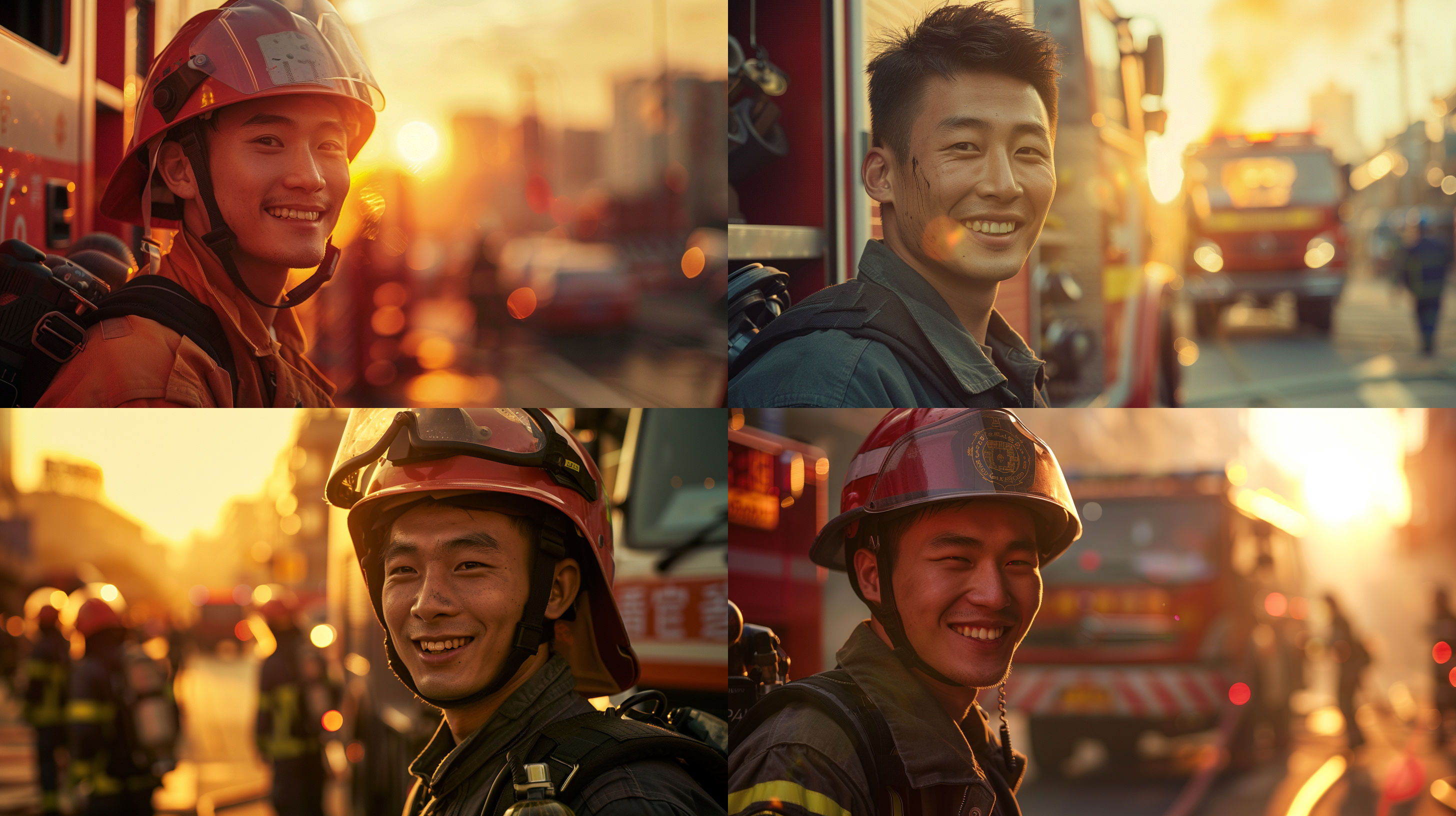 中国青年消防员微笑，落日傍晚，消防车城市背景，逆光光影，8k分辨率，人像摄影，肖像风格，暖色调，长焦镜头，肩部特写，自信，汗水
