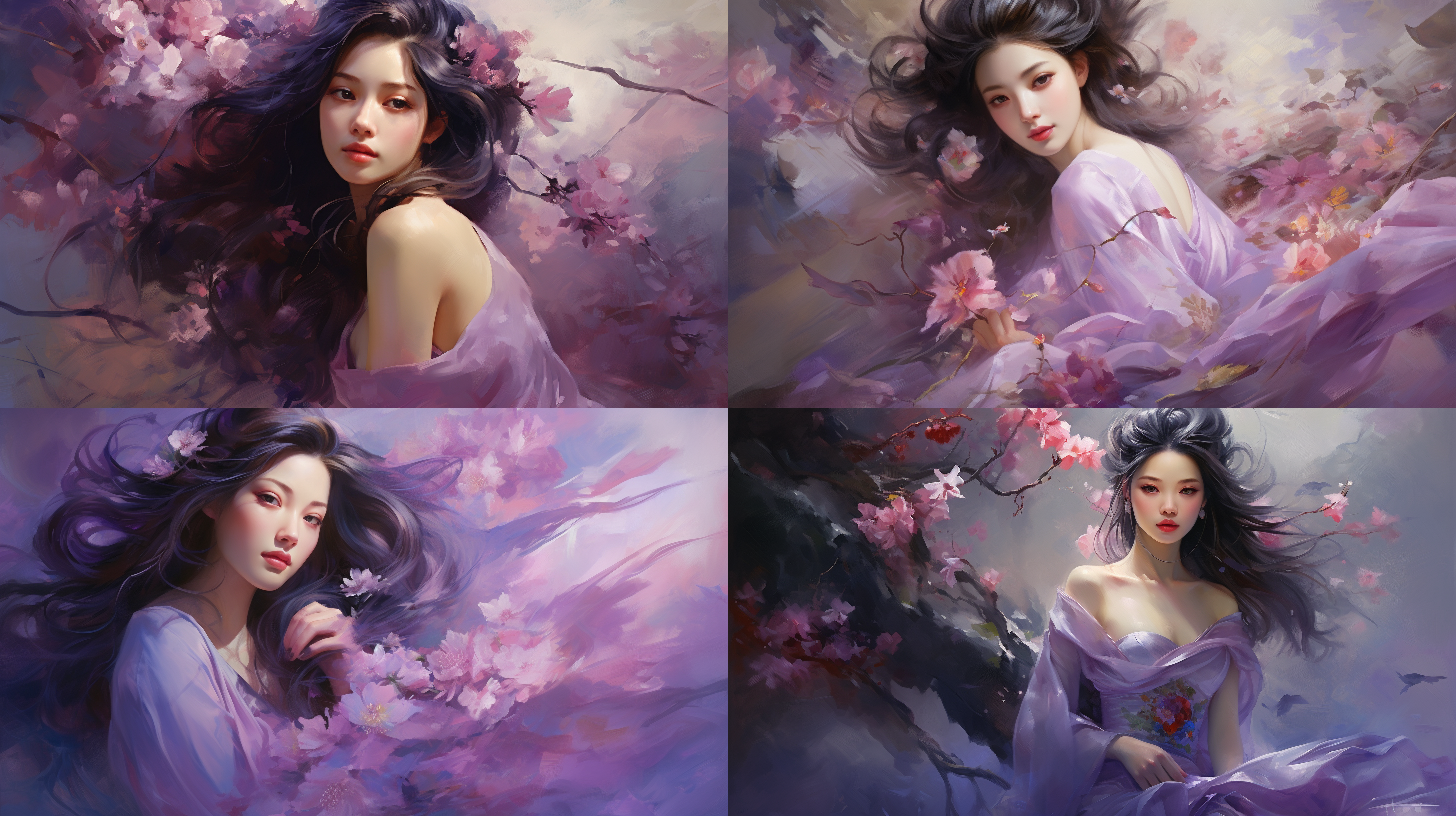 中国女孩，花朵绽放，轻盈自由，纷飞羽毛，清晰细腻，鲜艳紫色，光线柔和，微风拂过，令人陶醉。