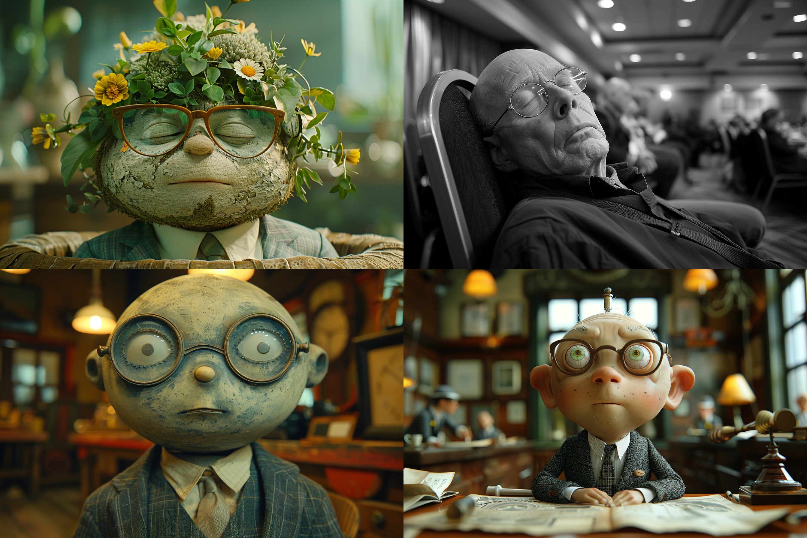 高光对比，暖色调，光圈广角镜头，会议室内，领导讲话，眼镜，短发，花盆头，小眼，睡觉，写实风格，老式相机，尴尬，无聊。