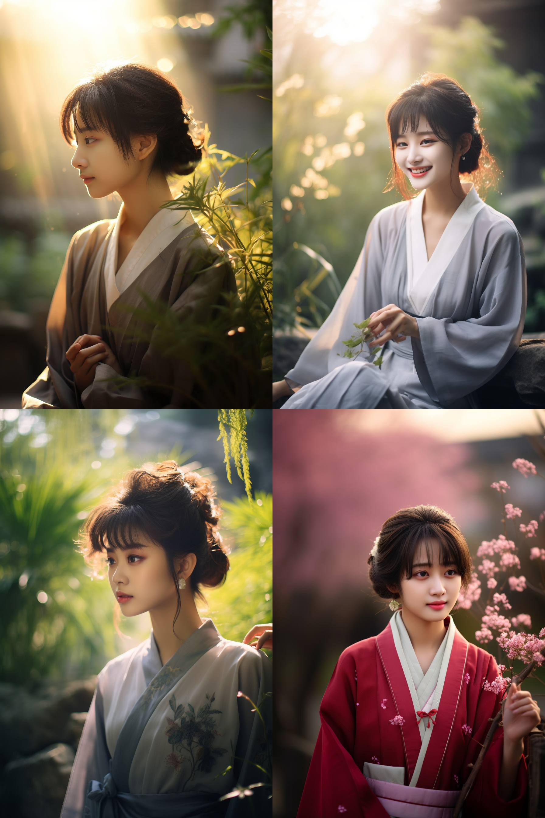 汉服短发女孩，古风汉服，花园内，柔和光线，抓拍，唯美，侧逆光，长焦镜头，微笑，优雅，色彩缤纷。
