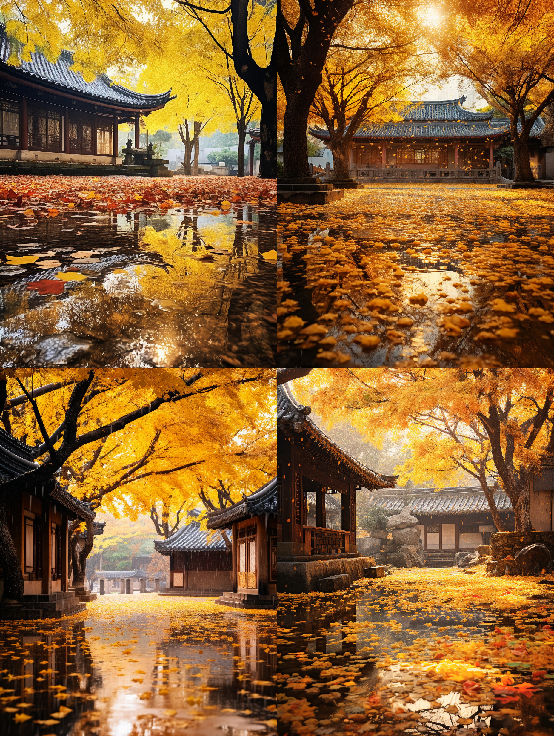 金黄色银杏林，秋日雨后，远山小河，阳光透过，青石路，徽派老宅，红枫树，地面落叶，超高清画质，近景，相机效果。