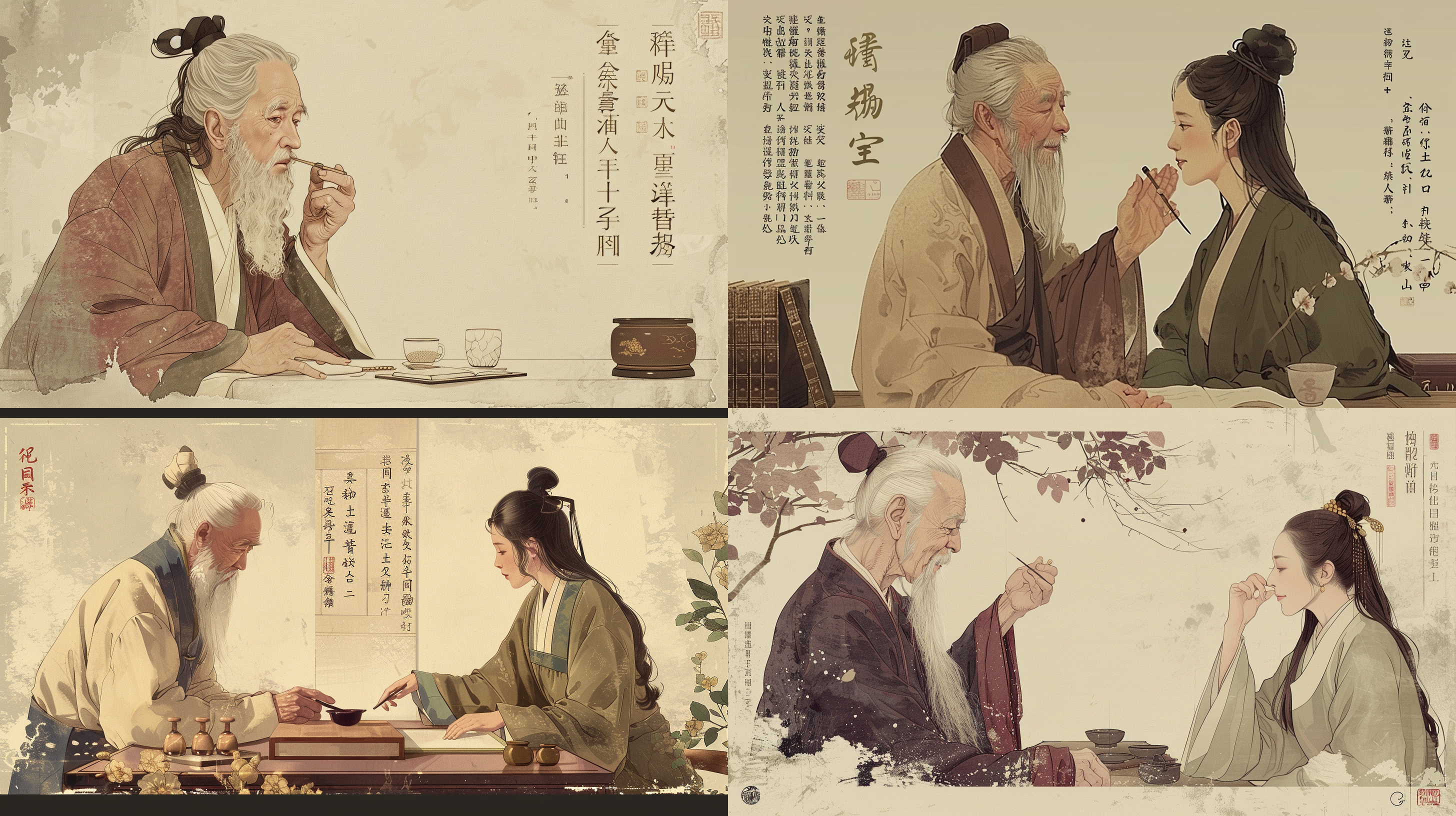老中医为女患者会诊，全身镜头，右手把脉，女生左手摸脸，场景在药馆，中医专注神情，古代服饰，干净背景，全景，q版插画，扁平插画，古典色调，细节描绘，肖像风格。