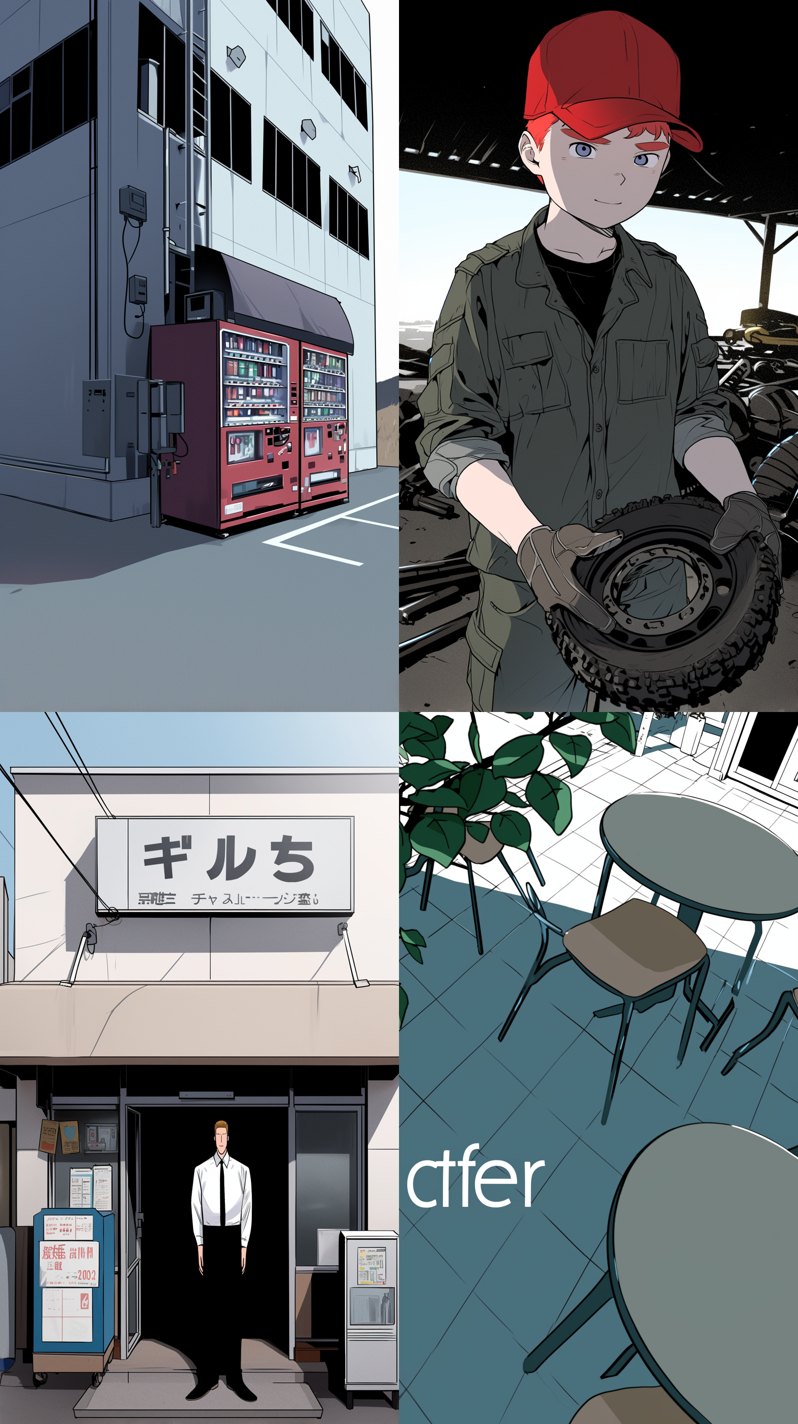 卡通3d场景，高男孩，黑t恤，店铺门口，街道背景，机器柜子，工具，阳光明媚，blender，3:4, 竖直构图，明亮色调，宽景镜头，自然光，微笑，生动。