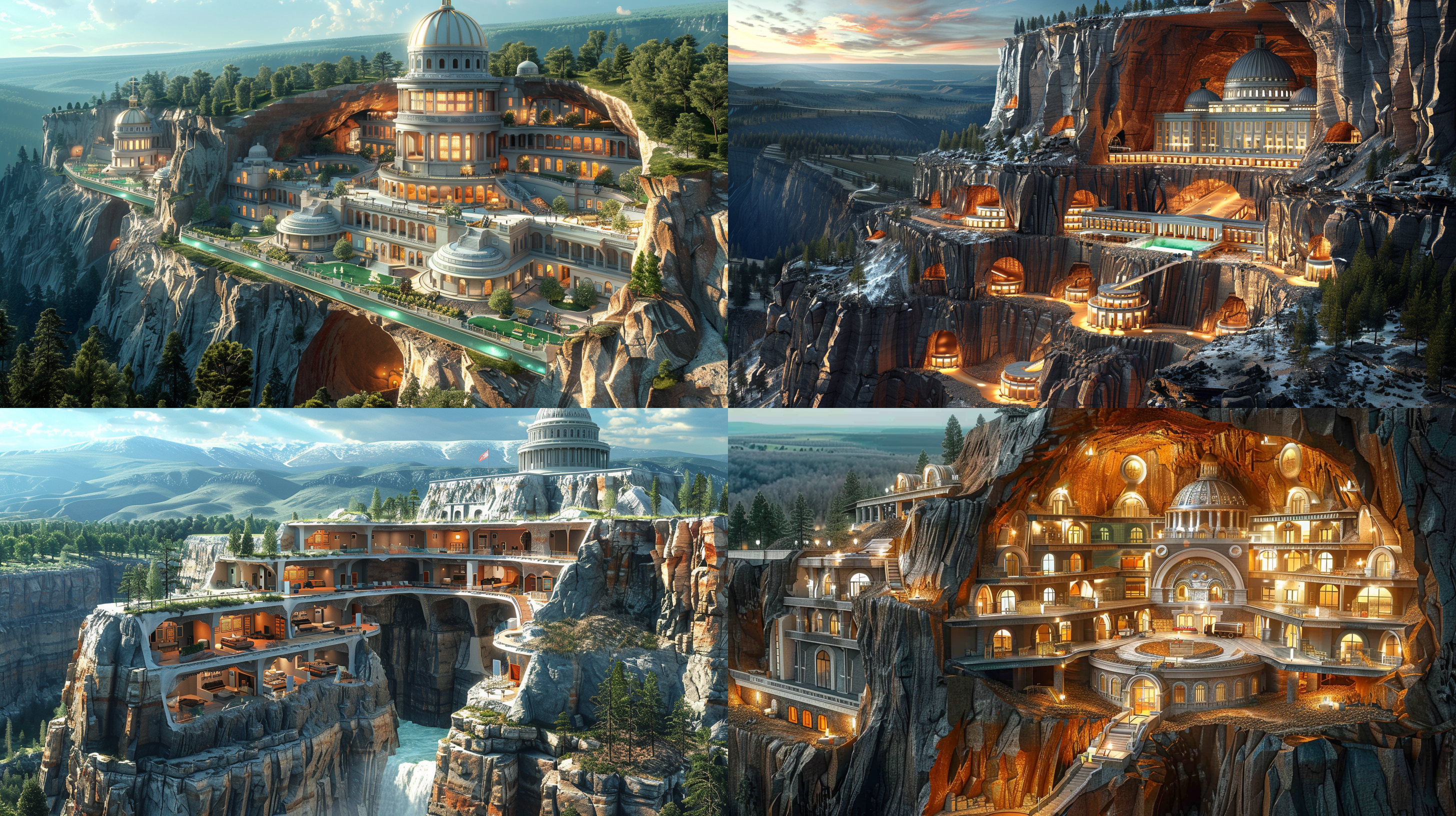 首都山下的地堡建筑，挖开地面后的切面图，好多房间，地宫，地堡，地下城市，电影感，远景，无与伦比的细节，幻想，结构复杂，伟大的工程，光荣与梦想