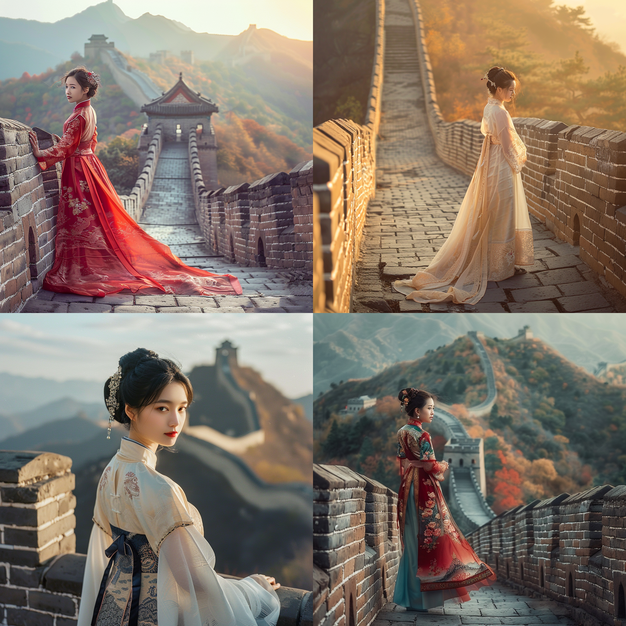 身穿汉服的美女，站在八达岭长城上，端庄雍容华贵，自信，画面内容细腻，突出长城壮观景象。自然光，全景，80mm镜头