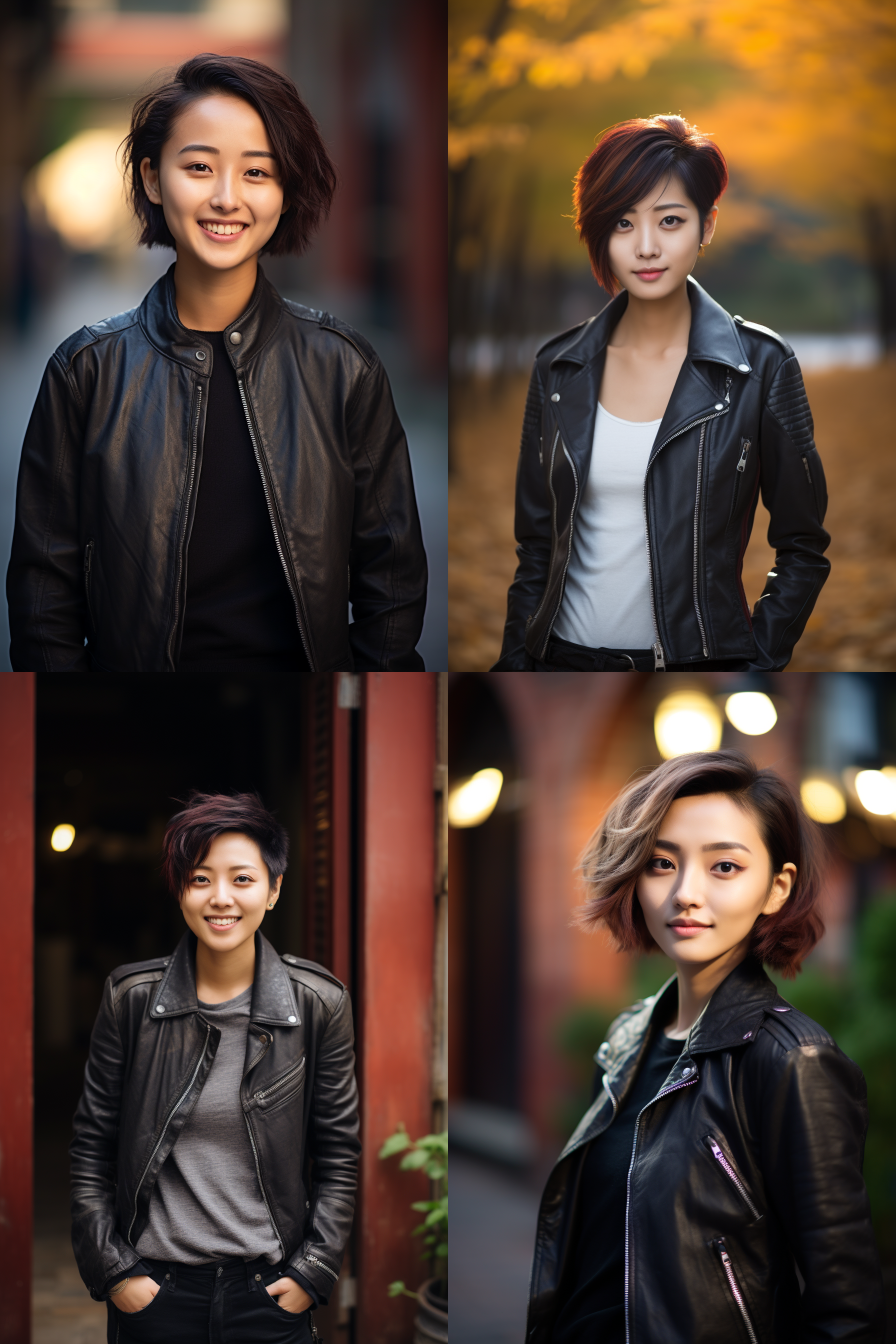 中国短发女孩，穿皮衣，明亮光线，摄影图 清新自然，户外风景，肖像模式，中焦镜头，微笑，自然姿态，色彩鲜艳，快门优先，放松自然