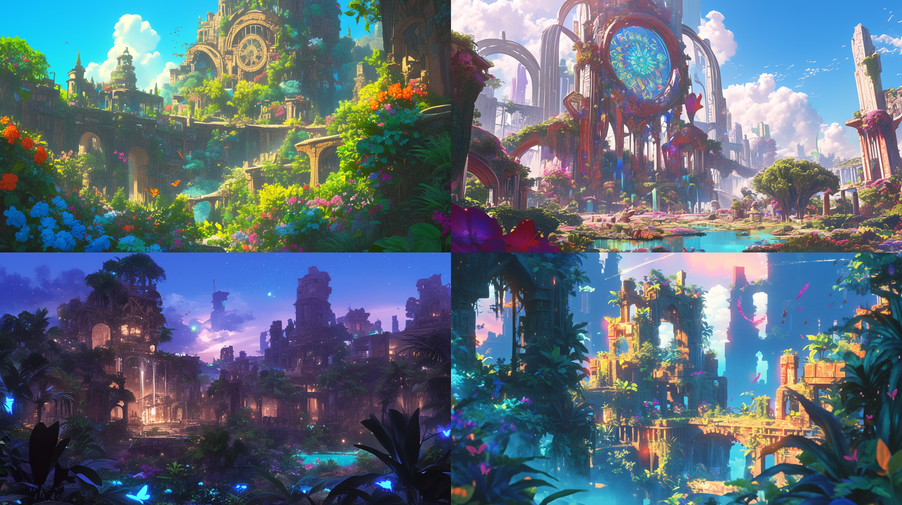 神秘花园，生命之花，阿凡达，废土风格场景，远处有破损的楼房和房屋废墟，全景，黄昏场景，三维，迪士尼，卡通风格。迷雾弥漫，柔光，细节丰富，植物参天，生机勃勃，明亮色调，奇幻，神秘，惊艳。