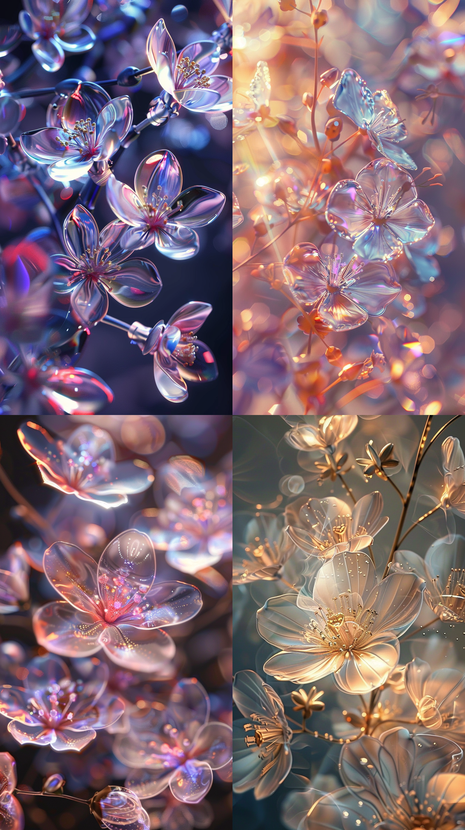 散发琉璃光线的花儿，透明的花瓣，唯美，梦幻，细节清晰，韵律的花枝，高质量，8k