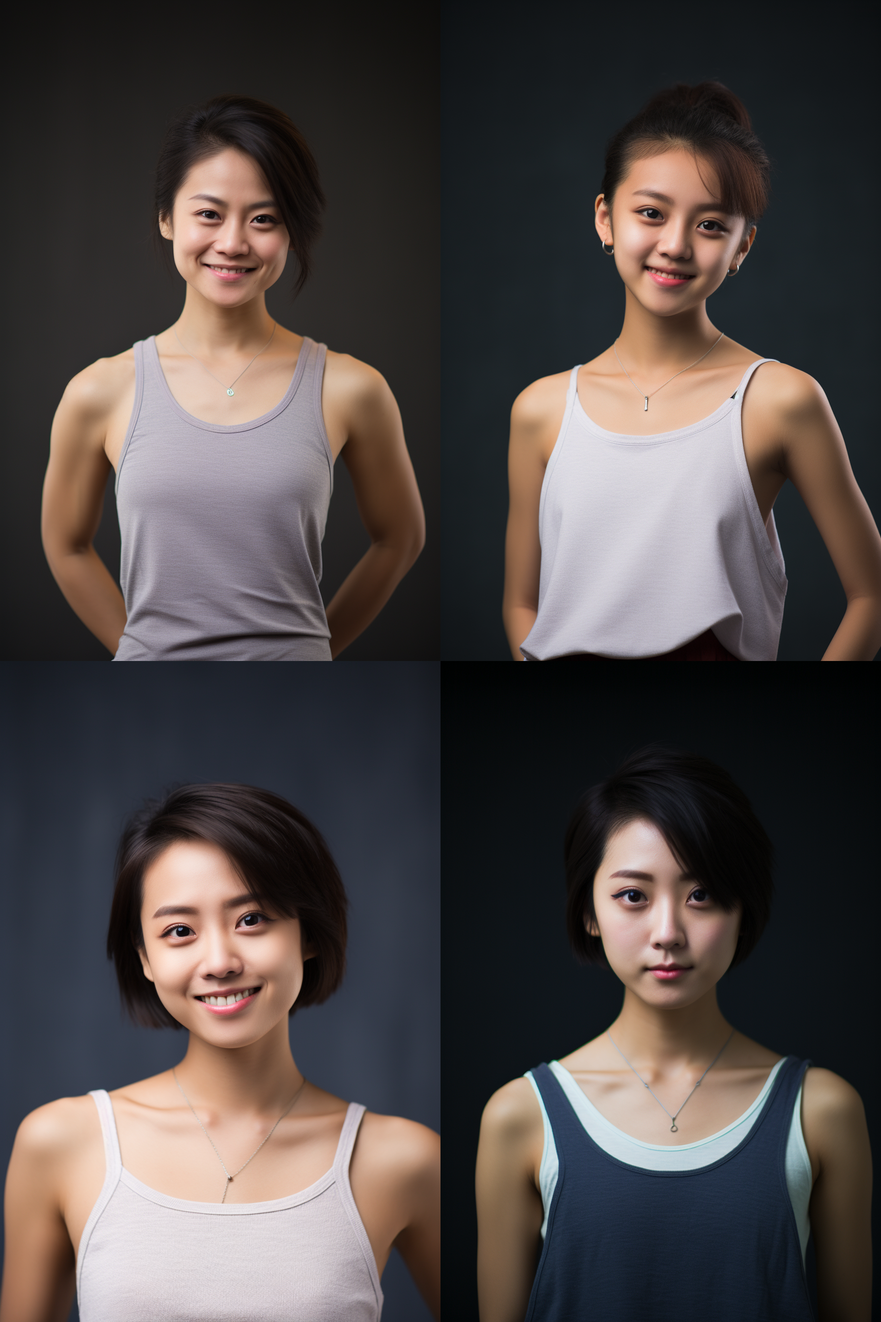 中国短发女孩，穿背心，摄影图 室内拍摄，简约布景，清晰对焦，柔和照明，青春活力，微笑，肖像风格，自然色调，中焦镜头，自然表情。