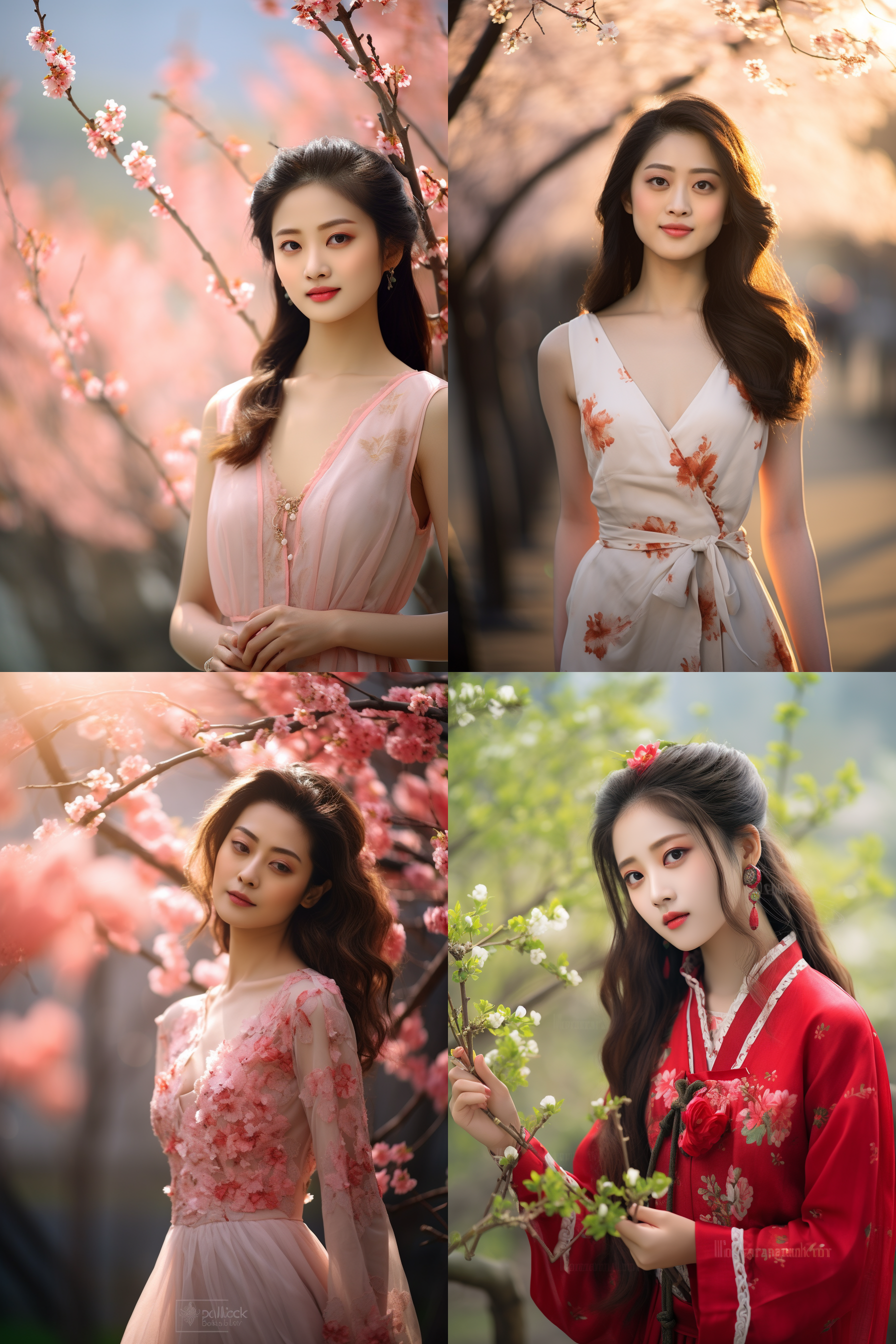 中国女孩，套裙服饰，春日摄影，明亮光线， 清新自然，户外风景，肖像模式，中焦镜头，自然姿态，