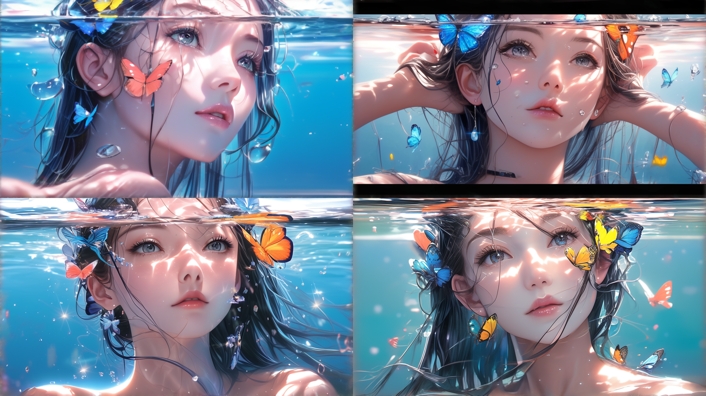 a girl in the water, with big eyes wide open, looked into the distance. she was wearing a butterfly decorated headband, and the water surface was above her shoulders. water shone on her head and shoulders,ultra hd,8k