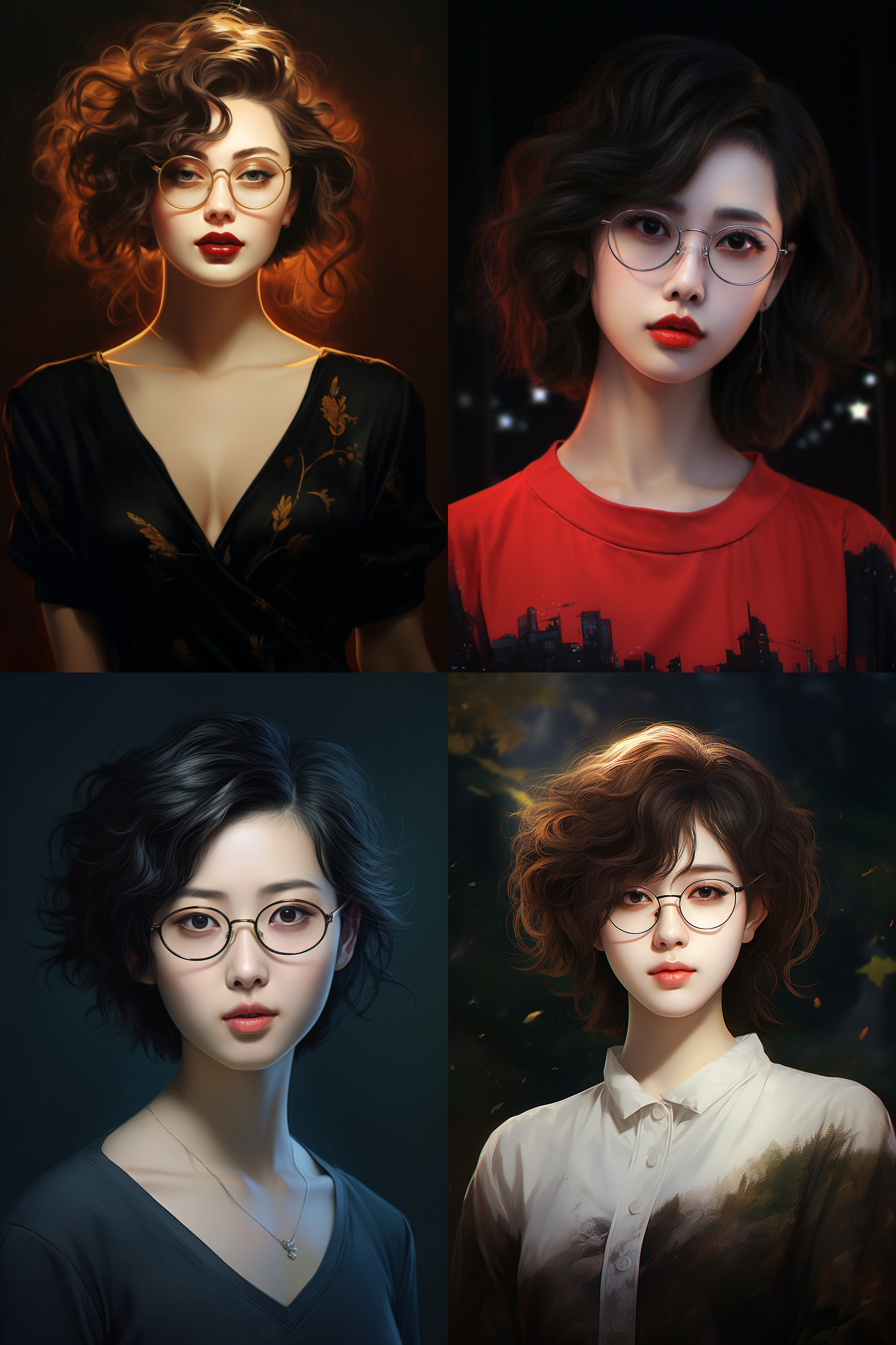 中国美女人像，戴眼镜，短发，可爱