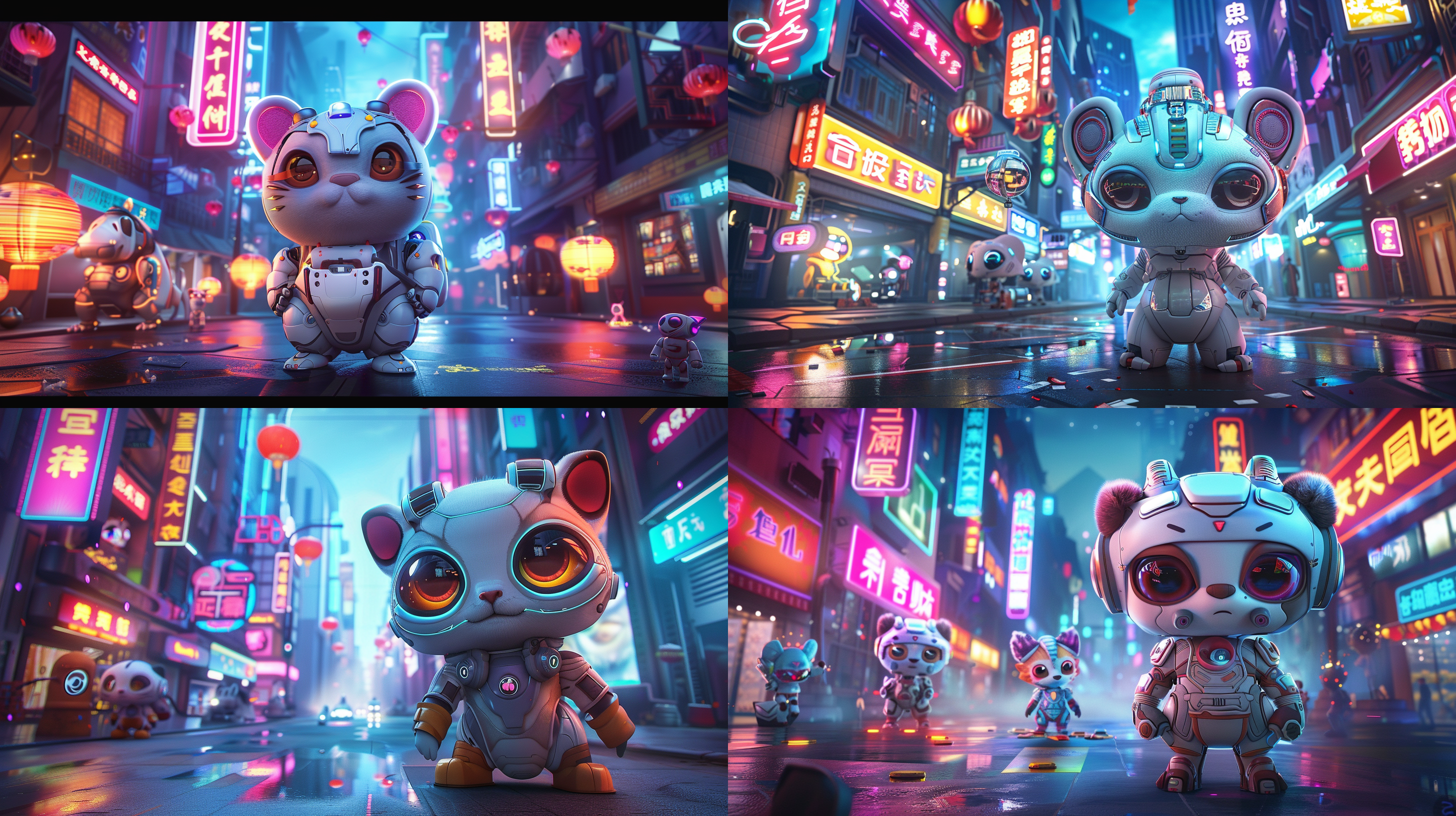 可爱的中国十二生肖卡通形象，科技炫酷，五彩缤纷，可爱人物，未来城市，霓虹灯光，超广角镜头，全投影，动姿势，机器人助手，活力四射。反推+sref