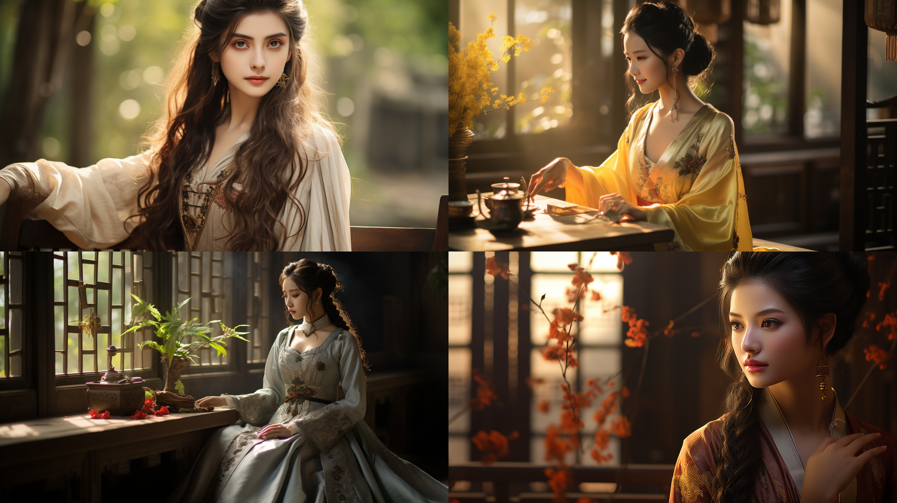 中国风美女，汉服飘逸，端庄优雅，古典庭院，和煦阳光，长焦镜头，自然光，微笑，柔和色彩，优雅。