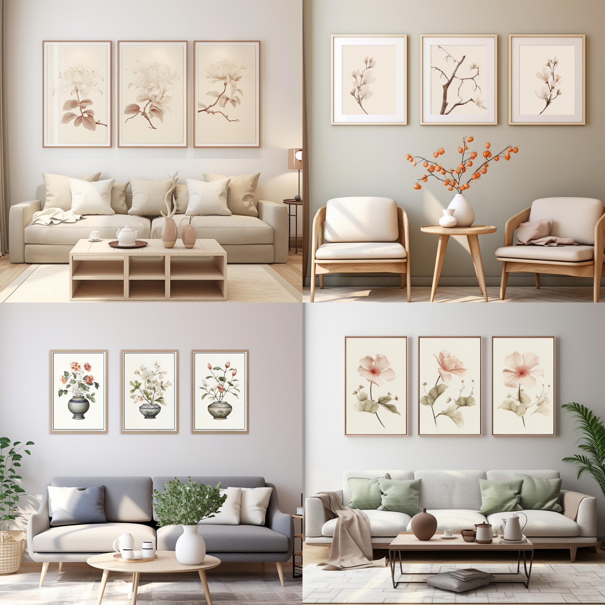 新中式风装饰画产品图，花集盆栽，光影照射，高分辨率，大师级摄影，适当留白，清爽简约高级，禅意意境，细节突出，暖色调，室内拍摄，装饰画主题。