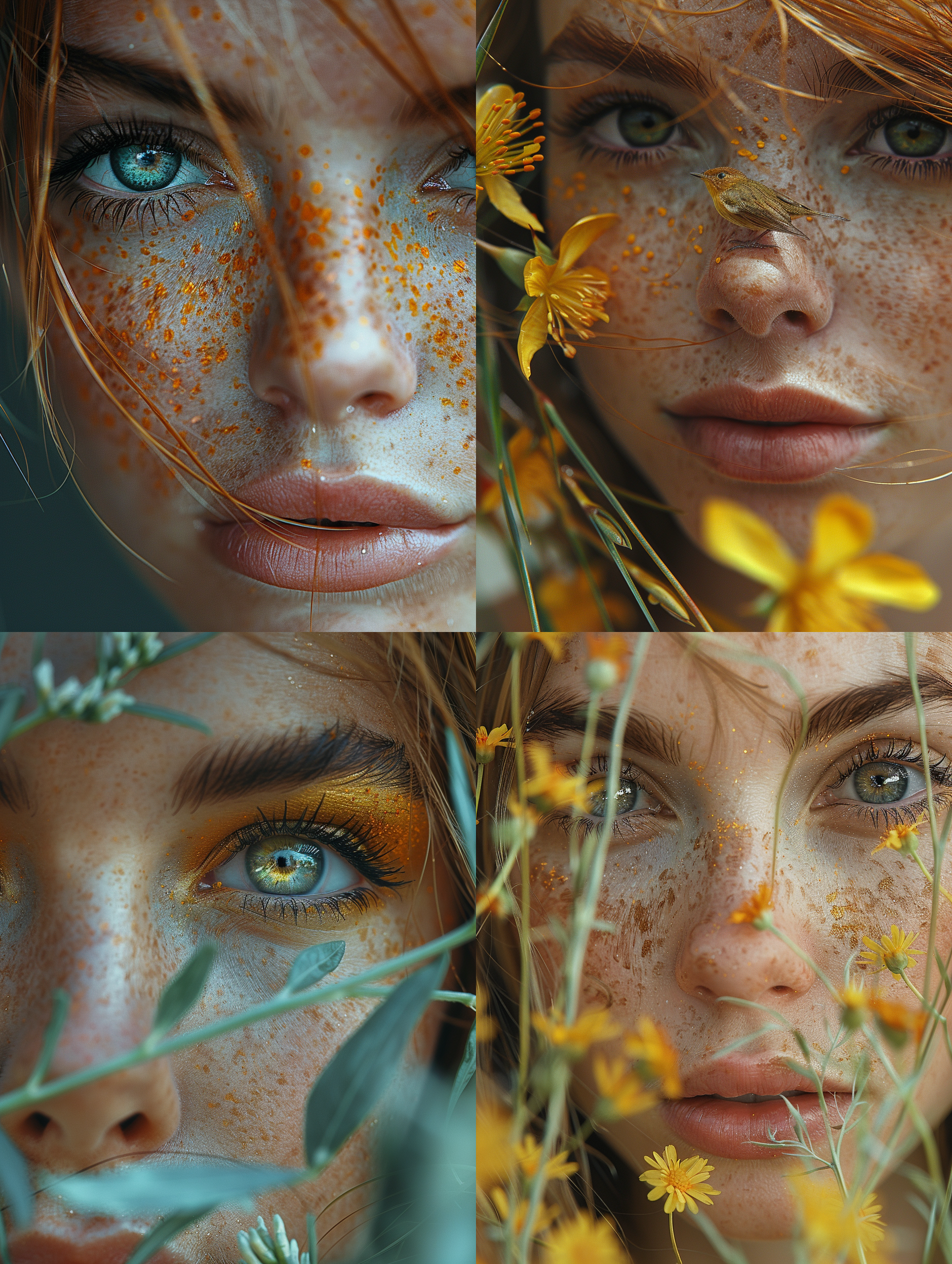 眼睛里有花鸟春天，特写头像，细节清晰，色彩鲜艳，微距镜头，自然光线，静态，生机勃勃，绿色调，喜悦。