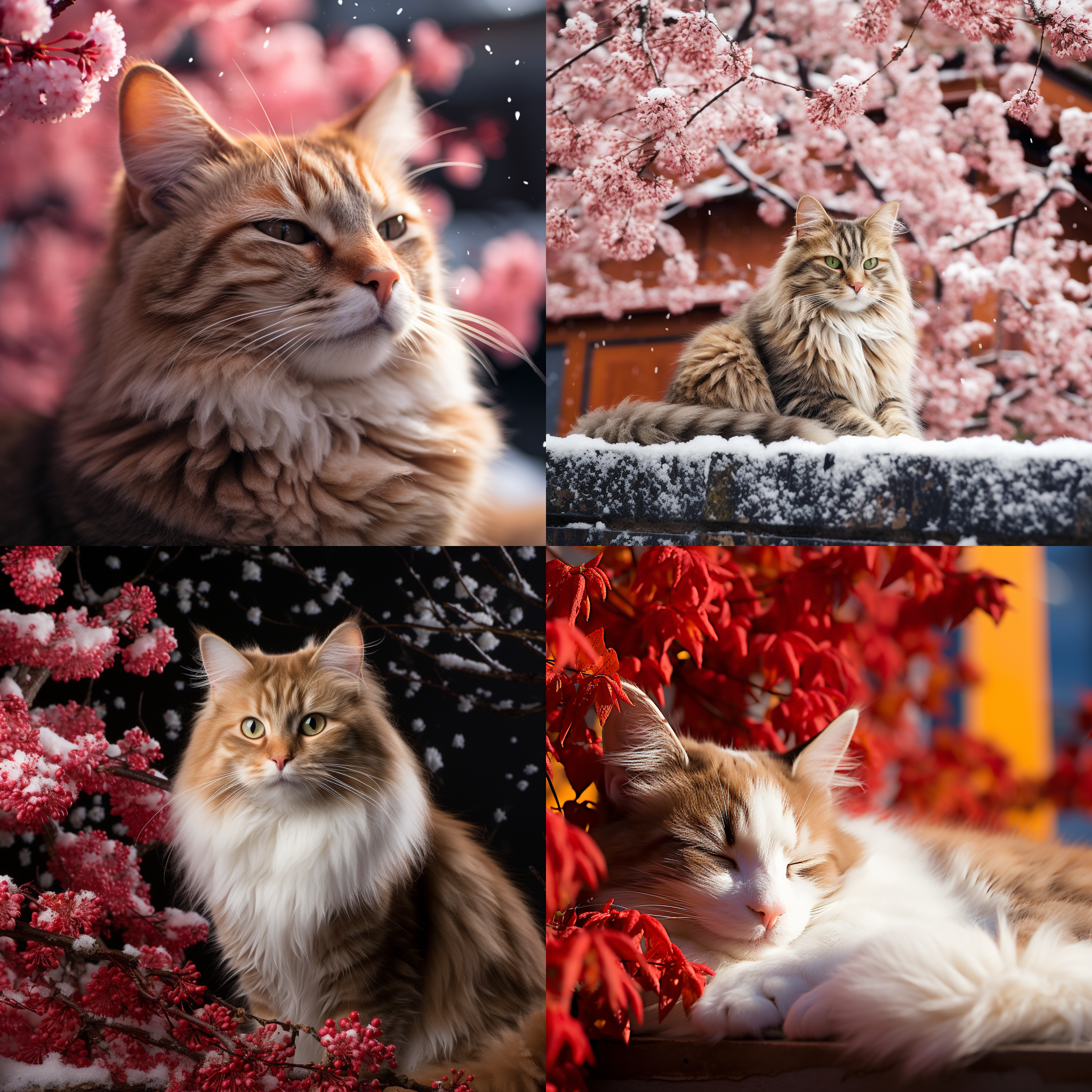 红墙前的梅花树，鲜红的梅花绽放，雪覆盖其上，营造出冬日的浪漫氛围。一只猫在树下沉睡，静谧而安详。画面呈平拍视角，超高清晰度，强调梅花的细腻纹理与猫咪的柔软毛发。温暖色调与柔和光线完美诠释了冬日的宁静与温馨。梅花树、猫咪、红墙、雪景相得益彰，唤起人们对冬日的美好回忆。