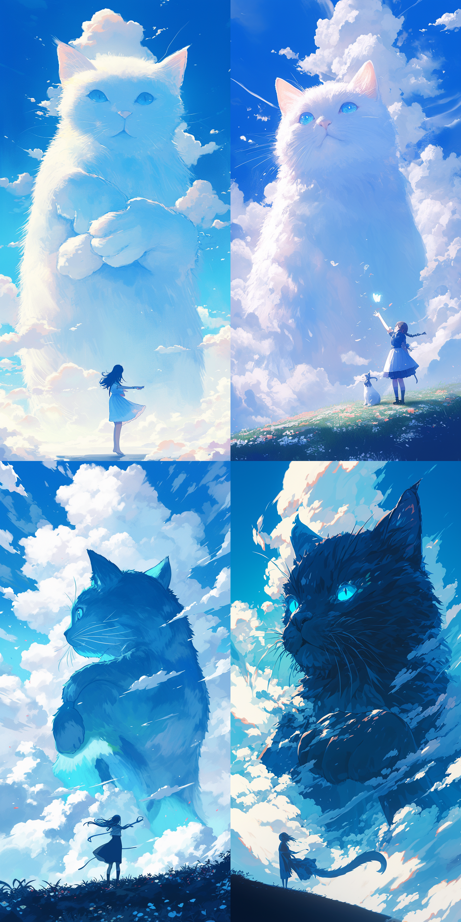 a huge cat formed by clouds holds a fallen girl in its arms, blue eyes, blue sky, illustration style, blue tone, minimalist background, klein blue,ultra hd,8k