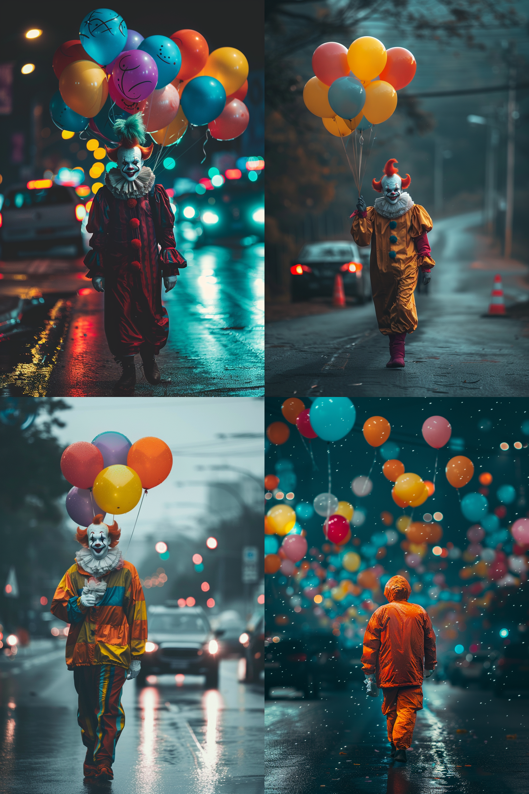 一个帅气的年轻演员小丑，在车水马龙的大马路上行走，手里拿着手持花洒套装，周围有几个五颜六色的气球装饰，整体氛围和谐温馨有情调，侧景，远景，纯黑背景，柔和像素，8k超清 极简主义 摄影纪实 oc渲染器 未来主义 干净背景 卧室 极限特写 虚化 超广角 金属漆 氛围感照明 电影灯光 镜头光晕 斑驳光线 丁达尔效应 暖光 蒂默曼斯 北欧室内 华丽室内 平面摄影 约翰逊