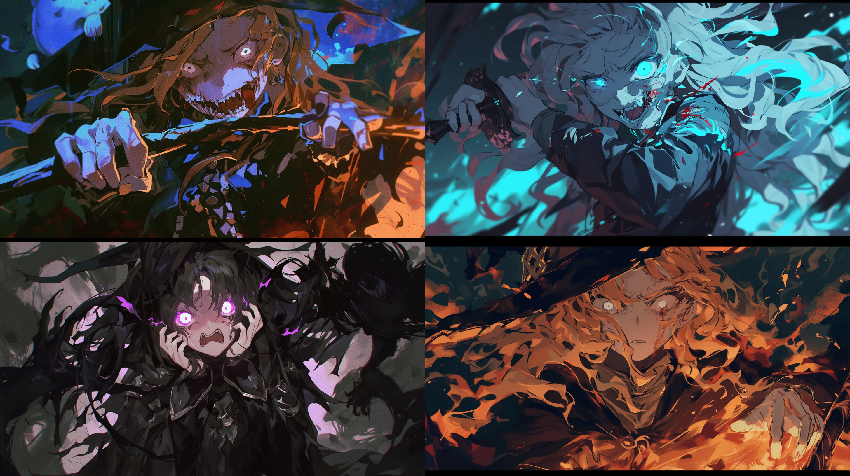 白色瞳孔的女魔法师，在幽魂的围绕中被撕裂，表情痛苦狰狞，画质清晰，暗色调，恐怖氛围
