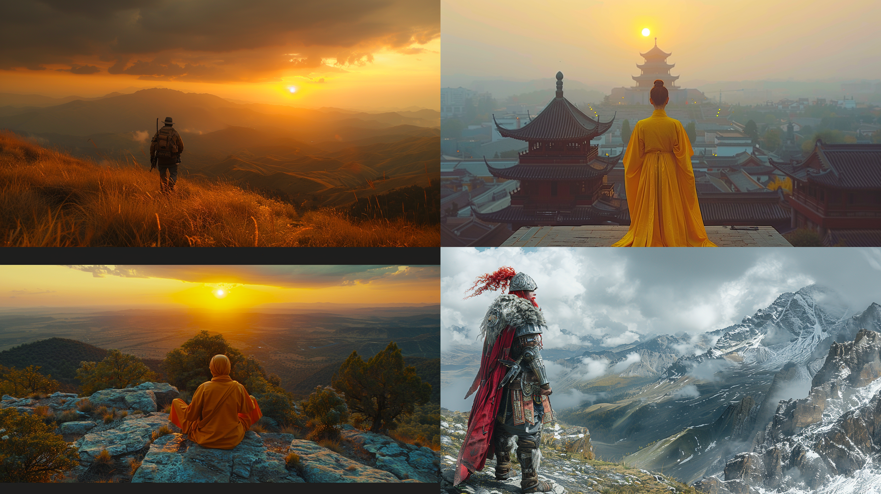 猪八戒扮演，山顶日出，古装服饰，搞笑表情，夸张动作，暖色调，逆光拍摄，长焦镜头，震撼角度，喜剧，传统元素。