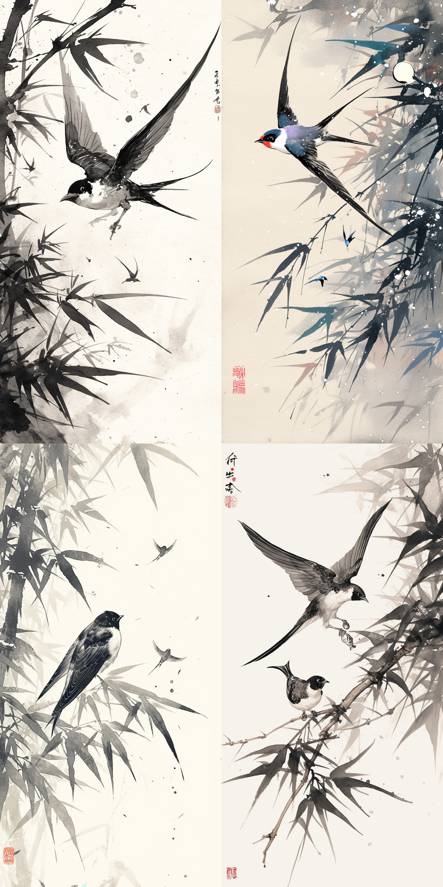 水墨风格，清明，雨后，燕子，柳枝