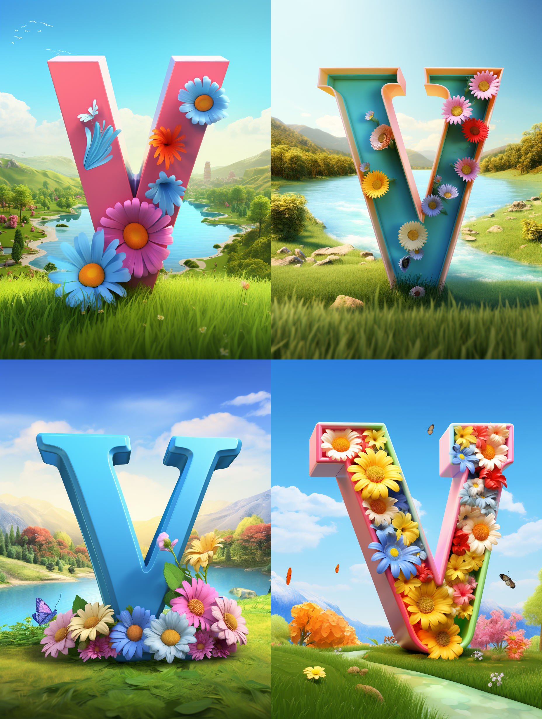 3d文字“v”，一个可爱的大数字，圆形背景，梦幻色调，清晰蓝天白云，翠绿草地，流淌河流，五彩花朵，卡通风格，明亮可爱色彩，柔和光线，快乐氛围，玻璃材质，特写，8k，明亮。