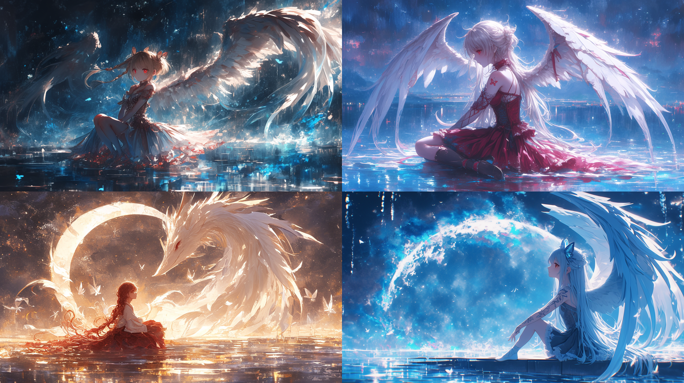 板绘，二十岁女生，白色蝴蝶辫，红色纹身，芭蕾舞裙，红色瞳孔，坐在水面上，背后有白色大翅膀，克苏鲁风格，奔放神秘的人物设计，月光，神秘感，背景是星云图，黄金比例构图，高精度，丰富细节，构图精美