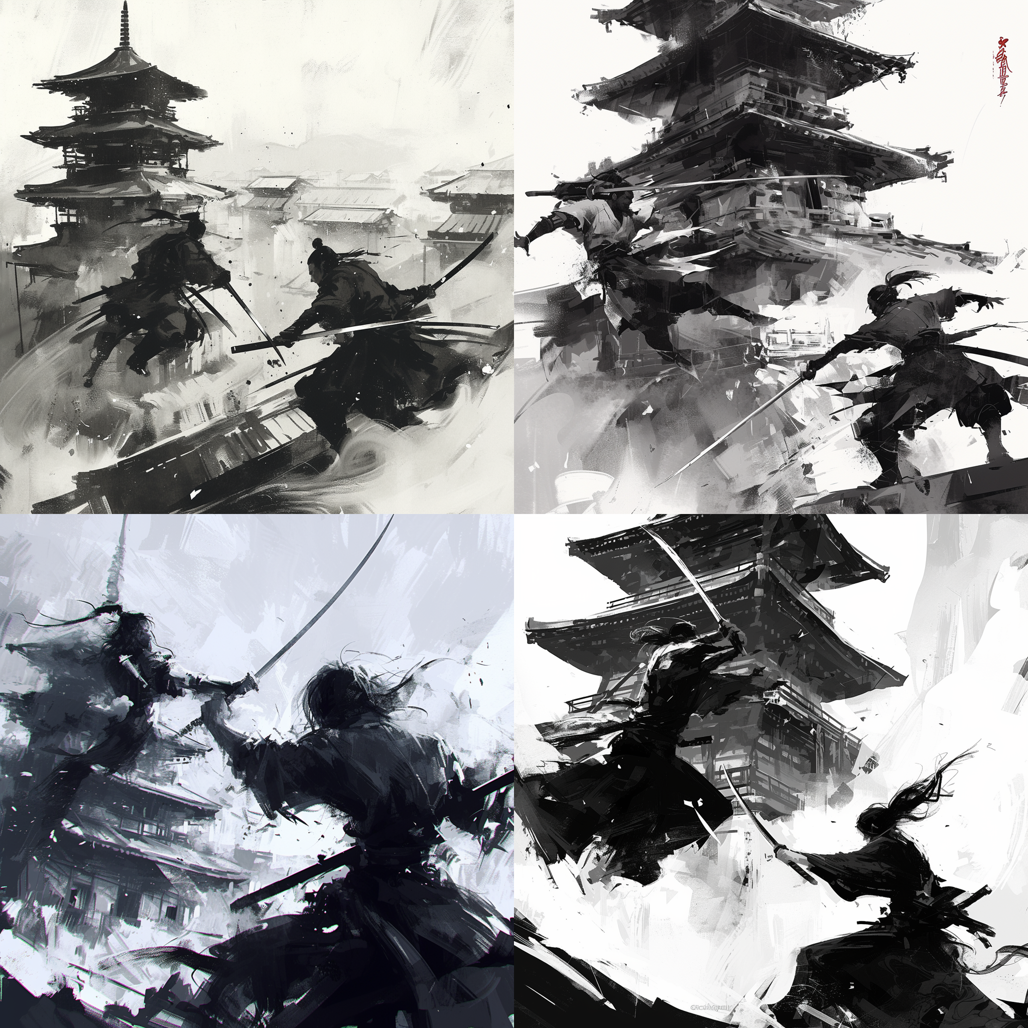 两名剑客比武，东方城楼背景，水墨画风，古风服饰，侧光透视，高速快门，剑拔弩张，黑白色调，沉稳与激烈。