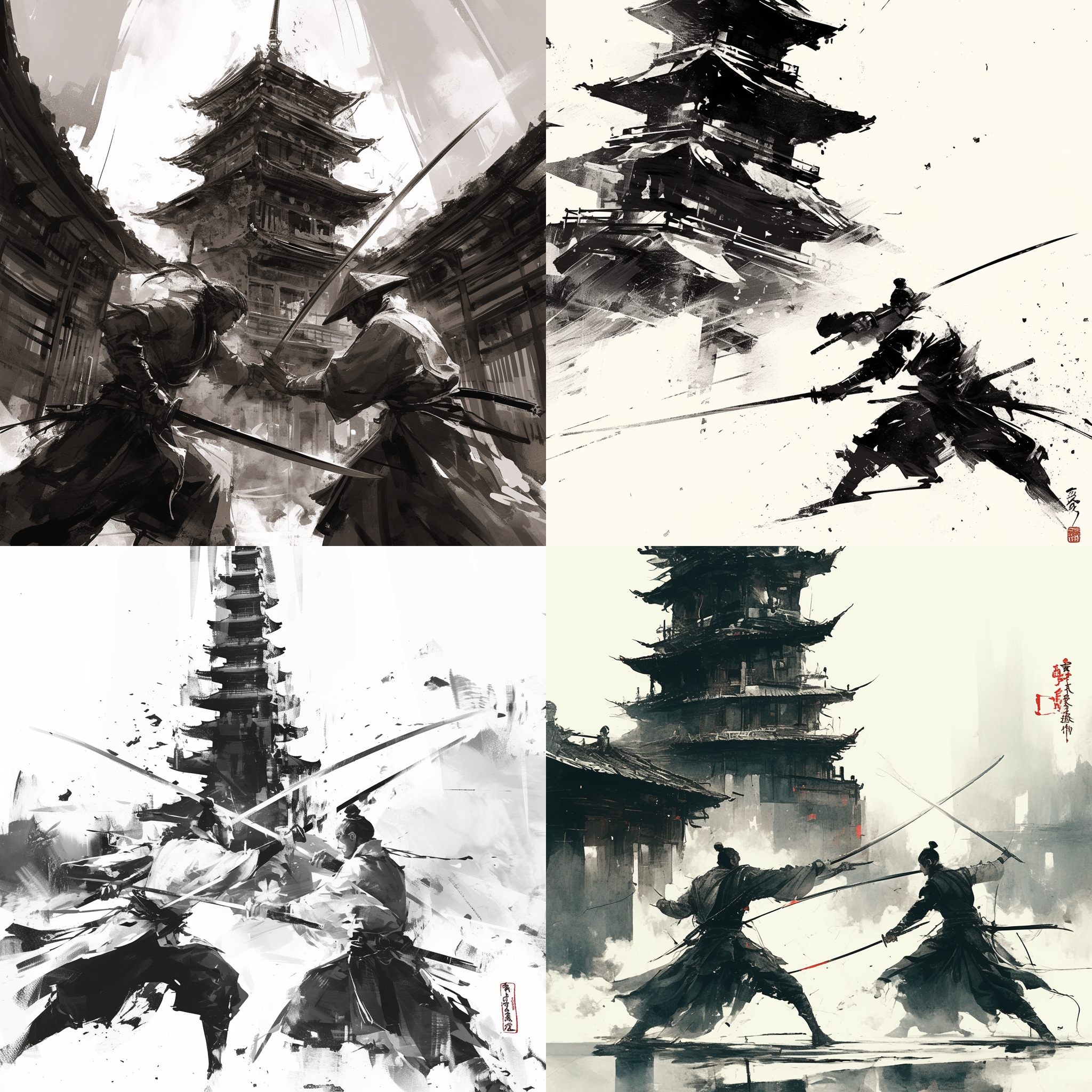 两名剑客比武，东方城楼背景，水墨画风，古风服饰，侧光透视，高速快门，剑拔弩张，黑白色调，沉稳与激烈。