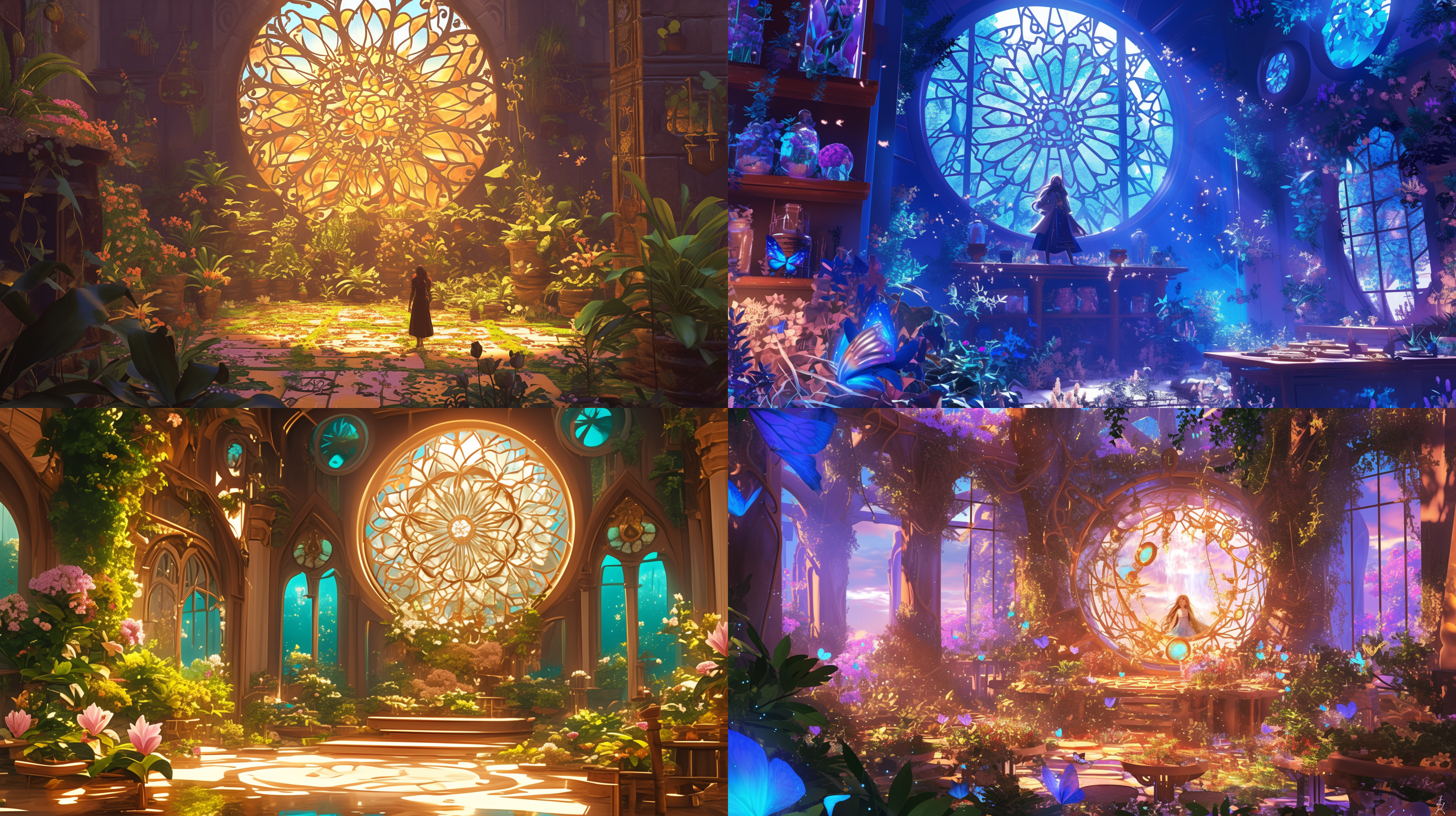 神秘花园，生命之花，阿凡达，室内全景，黄昏场景，三维，迪士尼，卡通风格。 丰富细节，华丽色彩，虚幻光影，温暖色调，植物元素，神秘感，生机勃勃，动态姿势，梦幻情感。