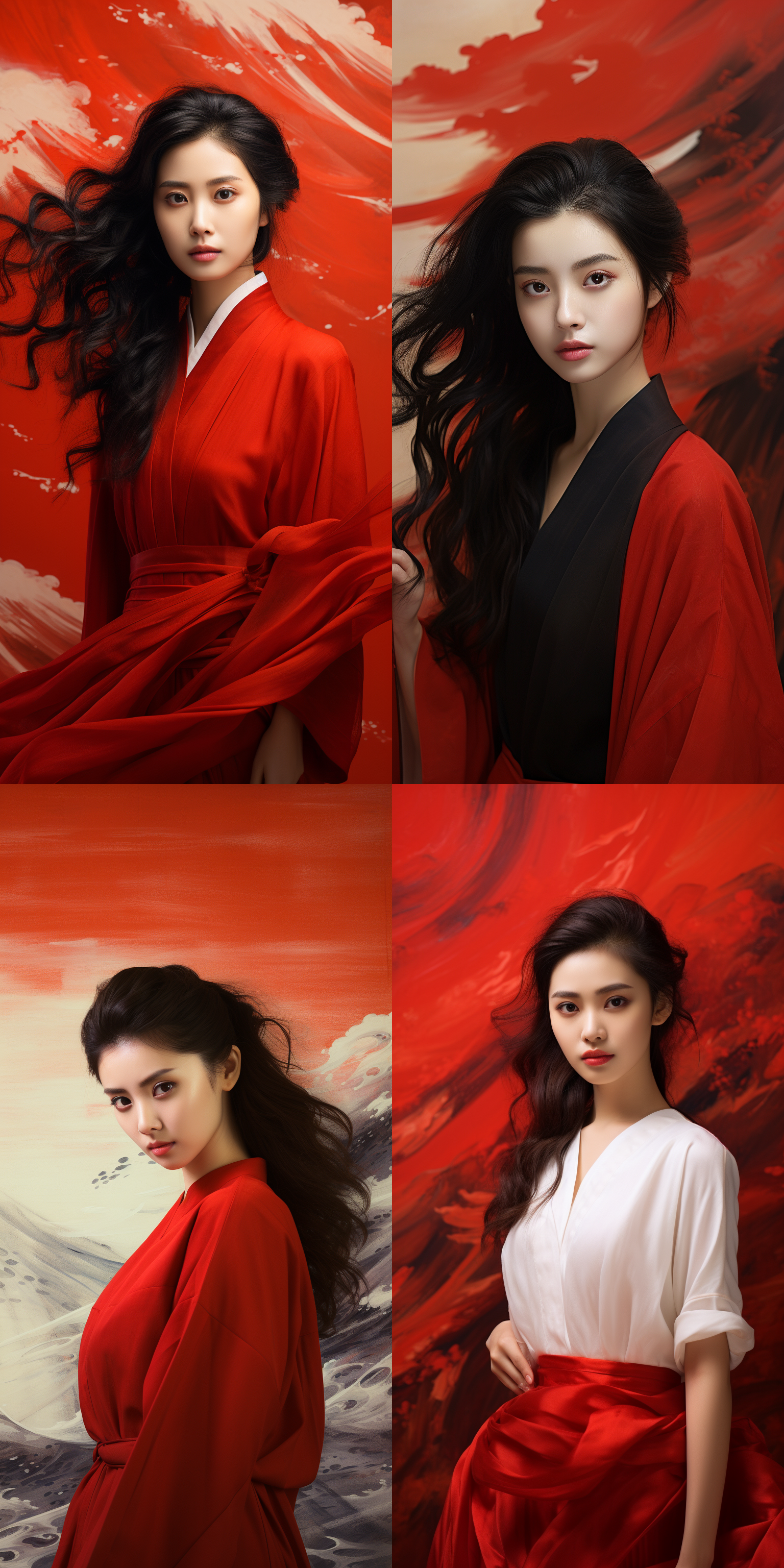 one beauty girl,ancient chinese minimalist painting,disney style,wavy seaside composed of 30 pieces of calligraphy scroll rice paper,pure red background,minimalist paintingbackground,blank composition,facial close-up,looking at viewer,film texture,crazy details,8k,ultra hd