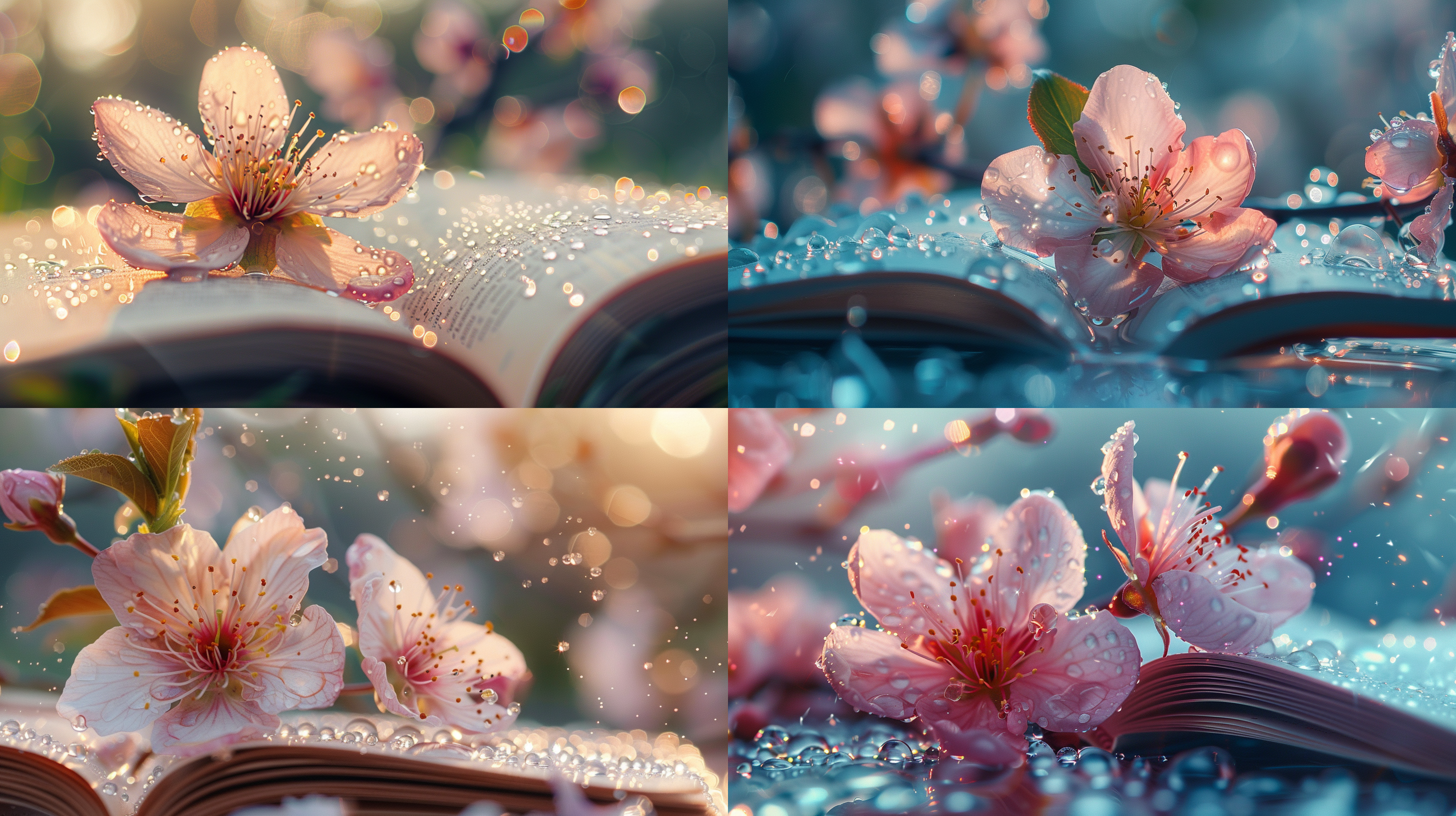 翻开的一本书，升腾起炫彩的光线，水珠儿晶莹剔透的一朵桃花，背景干净清透。