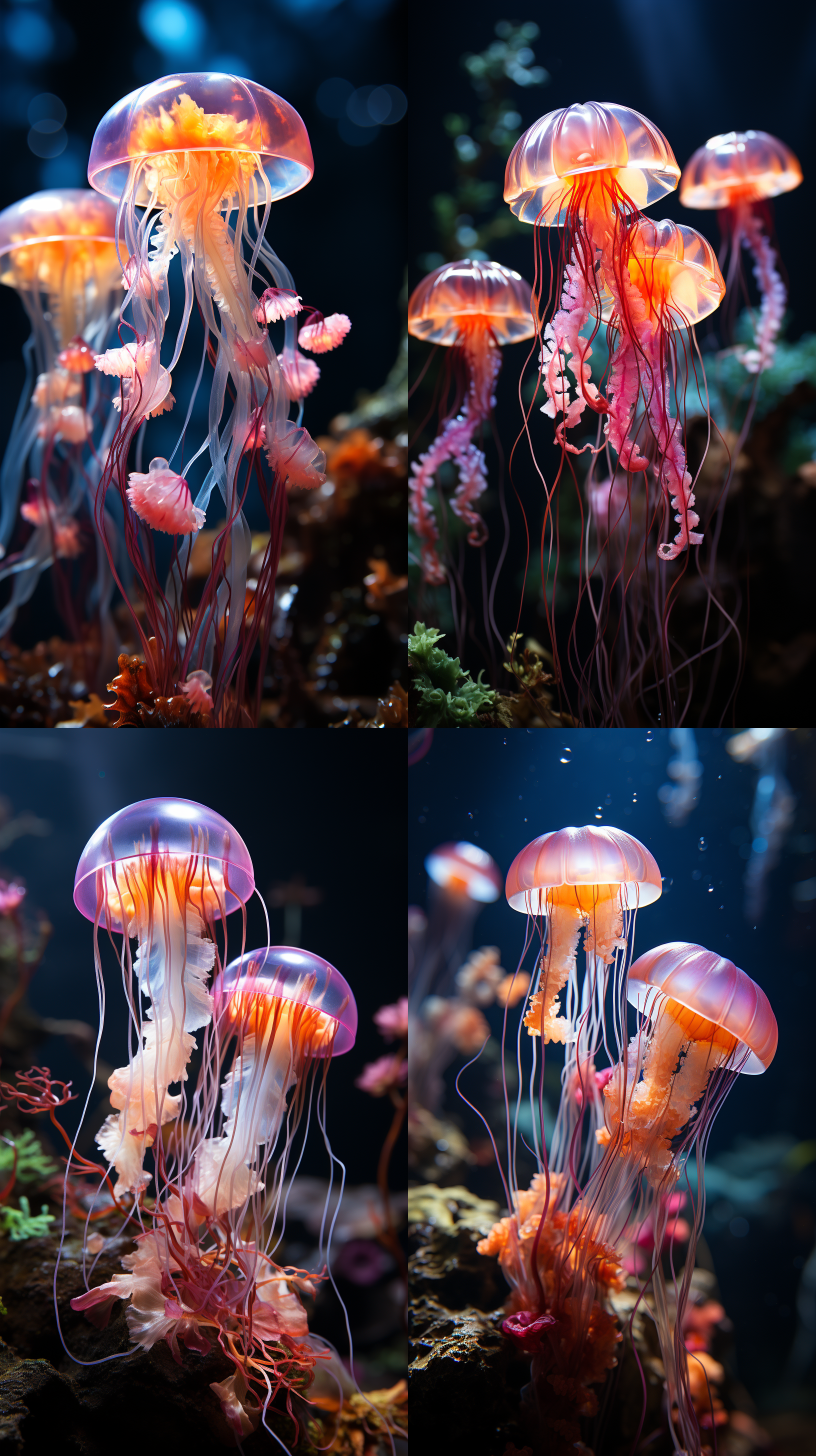 发光水母，在深海中漂浮，环境黑暗，水母发出柔和的光芒，透过透明的伞状身体散发出梦幻般的光影，色彩缤纷，绚丽夺目，令人陶醉。生物摄影，微距镜头，黑底，柔光，水下拍摄，透视感，神秘，美丽。