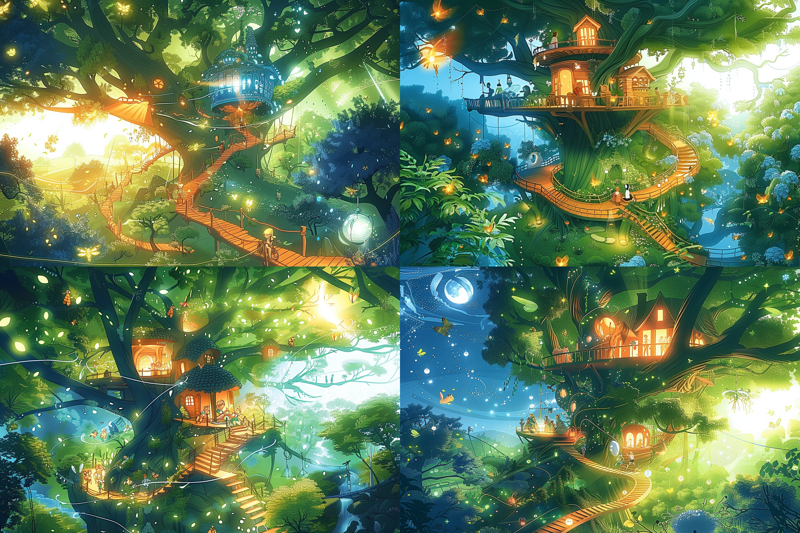 夜晚的魔幻发光森林，一座神秘的树屋被幽蓝色的蓝光光环绕着。这是一座萤火虫的家园，人类到萤火虫家园里探秘，神秘、奇幻、光影交错、荧光、树屋、月亮、森林、花海、夜晚。 奇幻森林 森林 魔法花园 丁达尔效应 低角度 霓虹。细节清晰，精细 奇幻森林 森林 魔法花园 丁达尔效应 低角度 霓虹 绿野仙踪